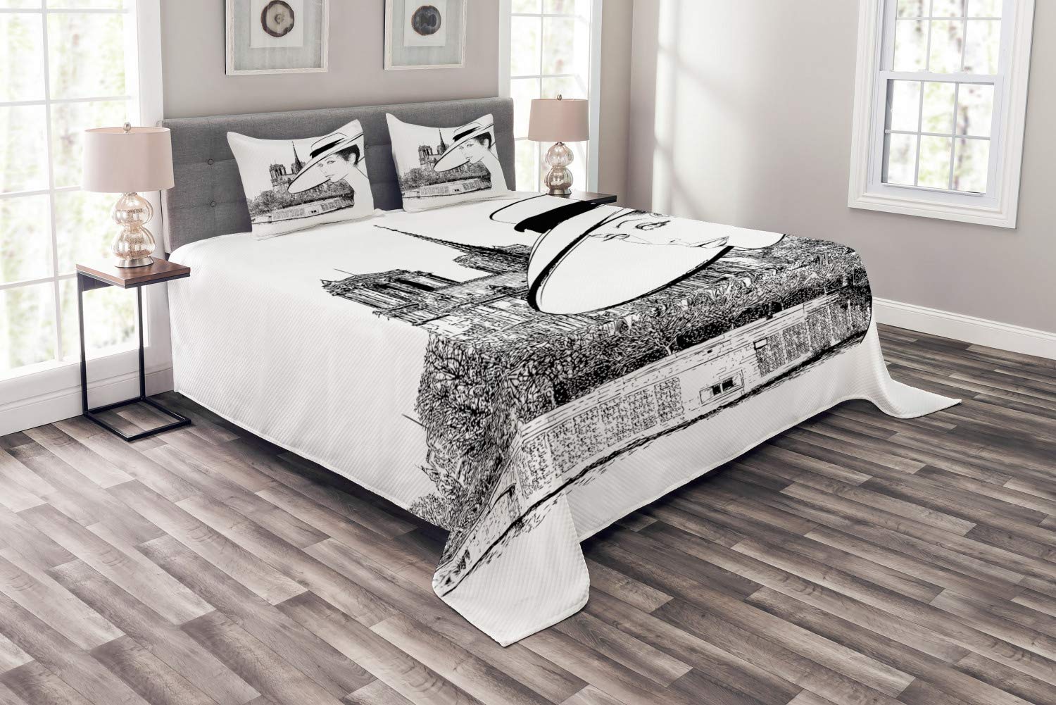 ABAKUHAUS Notre Dame Bedspread Set, Sketch of a French Woman, Decorative Quilted 3 Piece Coverlet Set with 2 Pillow Shams, Charcoal Grey White