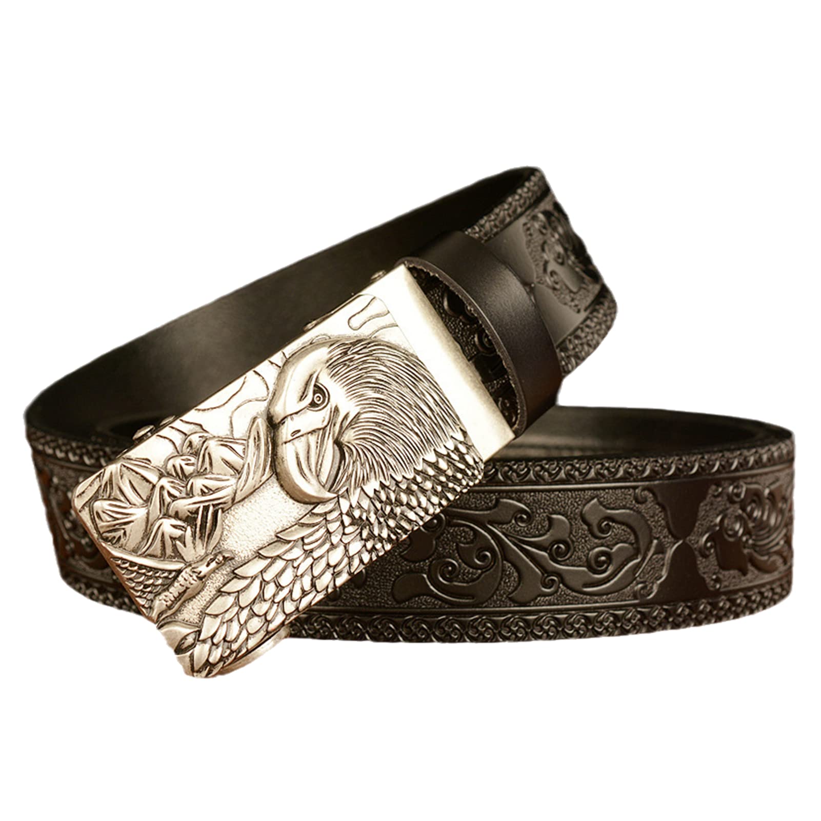 Cinturón con relieve de trinquete y hebilla automática deslizante del rey de los animales, correa de cintura occidental con grabado Floral para pantalones vaqueros