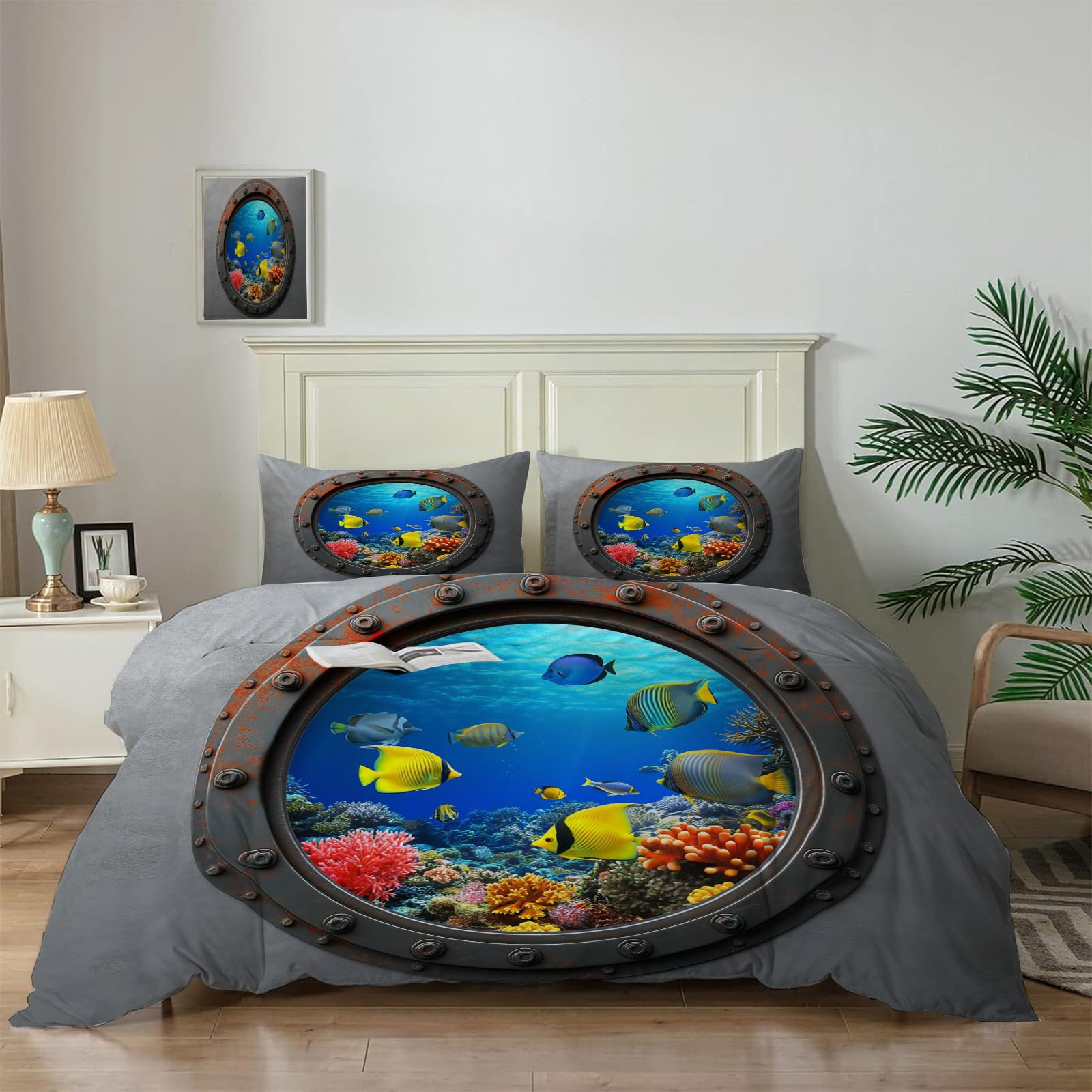 Housse de Couette 240x260 Poisson Parure de Lit Microfibre Ultra Douce