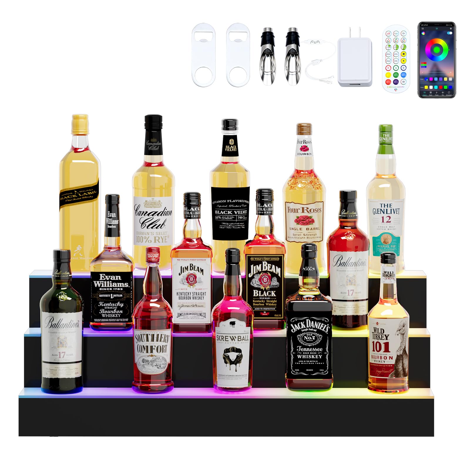 Dethan 3 Tier 30 Inch Liquor Bottle Display Shelf - Illuminated Wine Racks with Multi-Color App & Remote Control, Adjustable Brightness & Sound Modes,