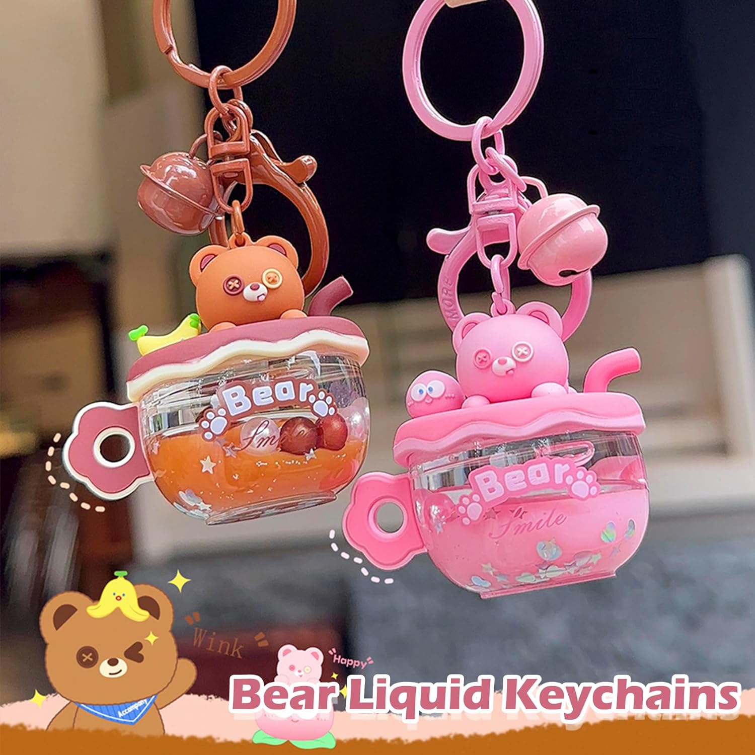 YOU WIZV Kawaii Bear Boba Keychain - Cute Liquid Water Charm for Backpacks, Adorable Gift for Women Boy Girls - Image 6