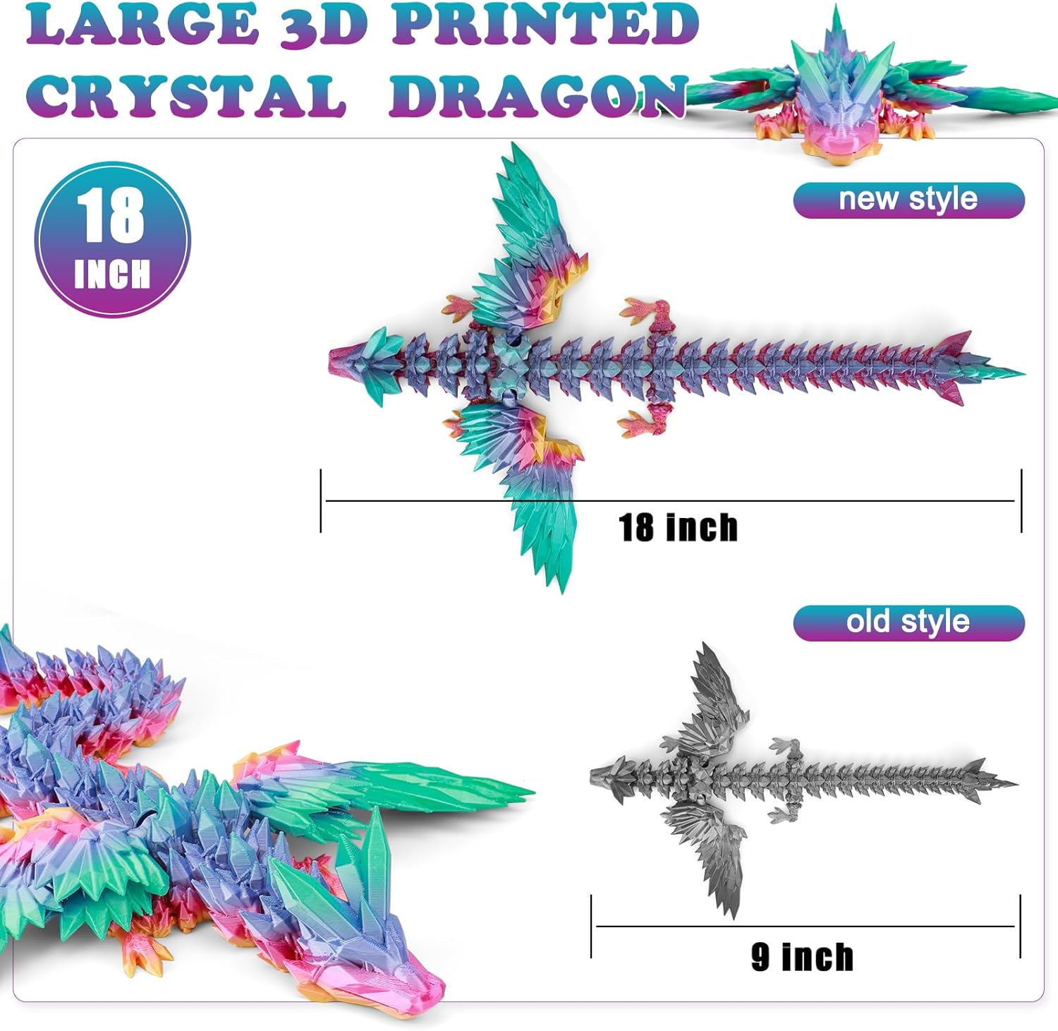 18" 3D Printed Dragon Toys Large, 3D Printed Animals, Articulated Crystal Dragons with Wings Adults Desk Fidget Toys，Easter Basket Stuffers, Home Office Decor (Crystal Winged Dragon) - Image 5
