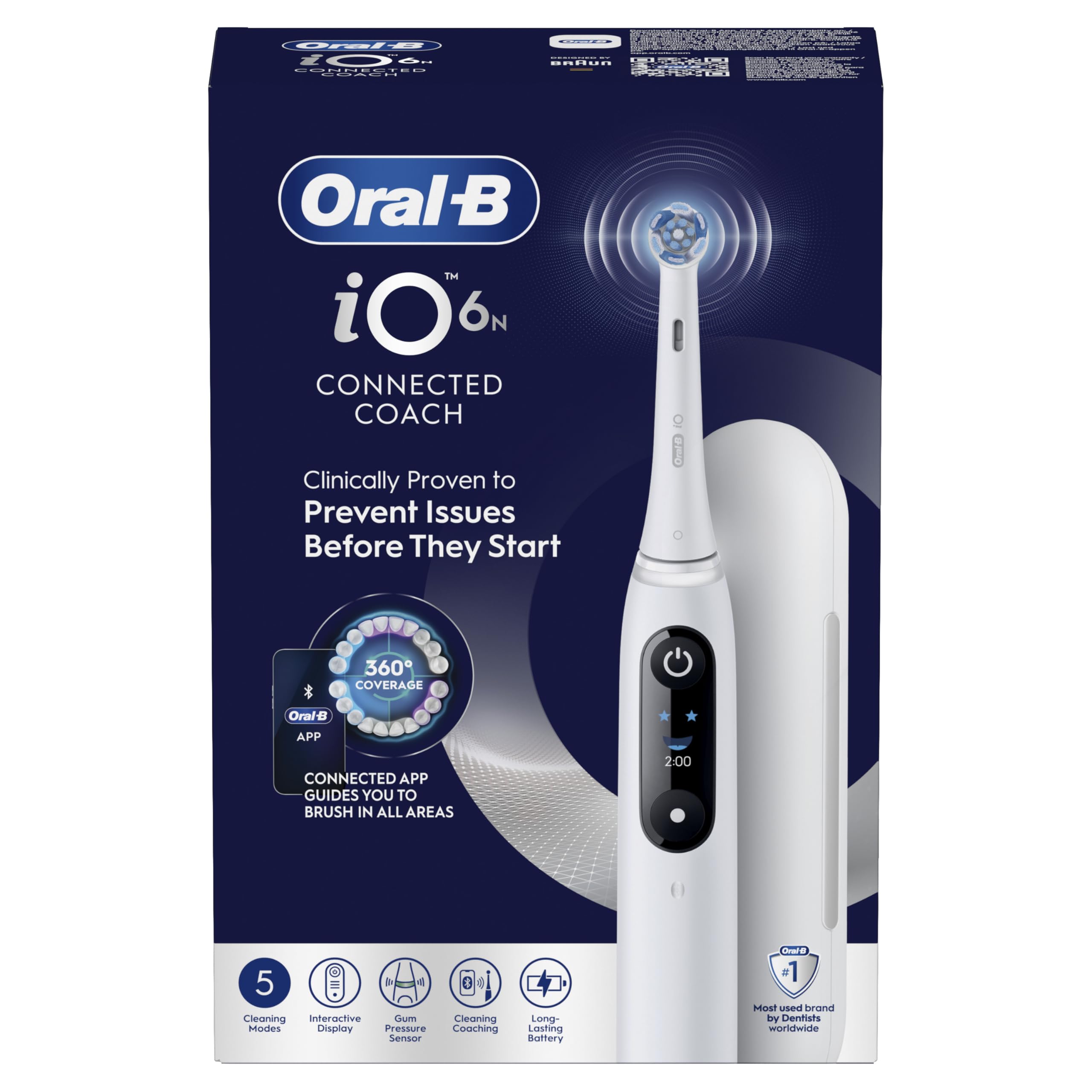 Oral-B iO 6N Cepillo de Dientes Eléctrico con 2 Cabezales, Blanco - Cepillo Dental con Sensor de Presión, 5 Modos de Cepillado con Blanqueamiento Dental, Visor Interactivo Y Estuche de Viaje