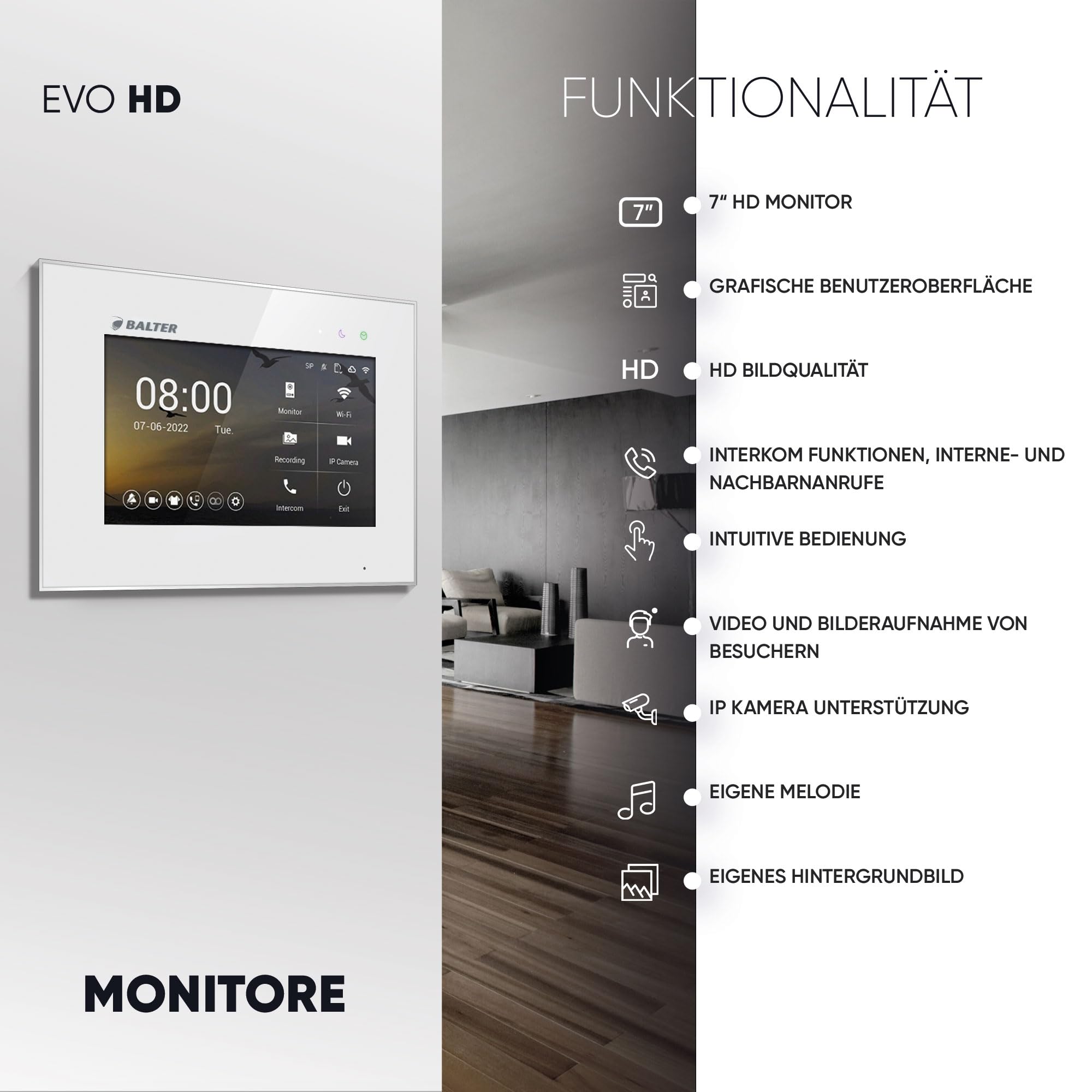 Balter EVO-HD Video Türsprechanlage mit Fingerprint, Video Türklingel, 1 Familienhaus, 1x 7 Zoll Monitore, Türklingel mit Kamera Full HD, 2 Draht Bus, 175° Weitwinkel, RFID,1080P