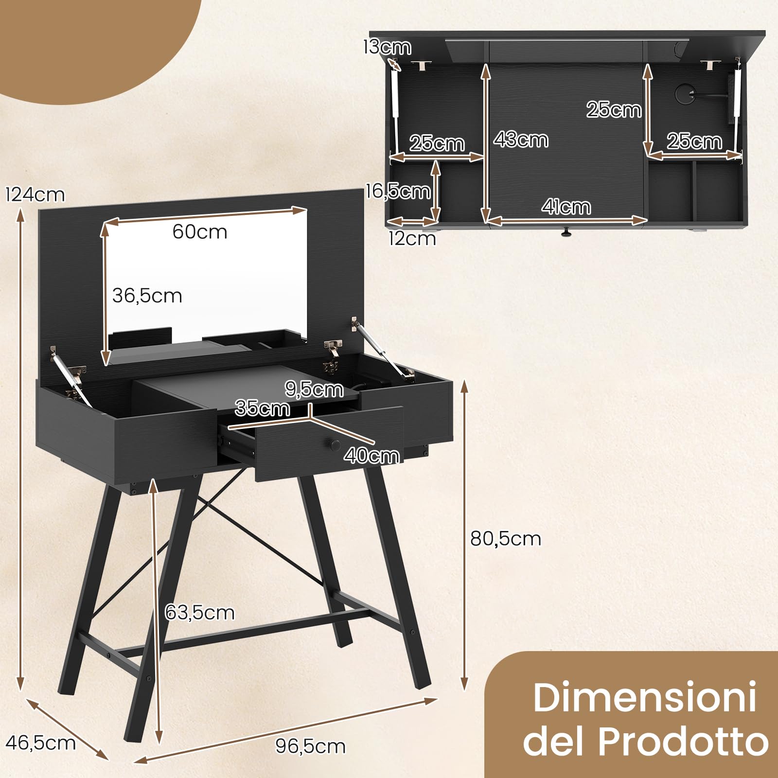 COSTWAY 2 in 1 Tavolo da Trucco Pieghevole, Tavolo da Toeleta con Specchio a Ribalta, Stazione di Ricarica, 6 Scomparti, Cassetto, Piano di Lavoro, per Soggiorno Camera da Letto (Nero)
