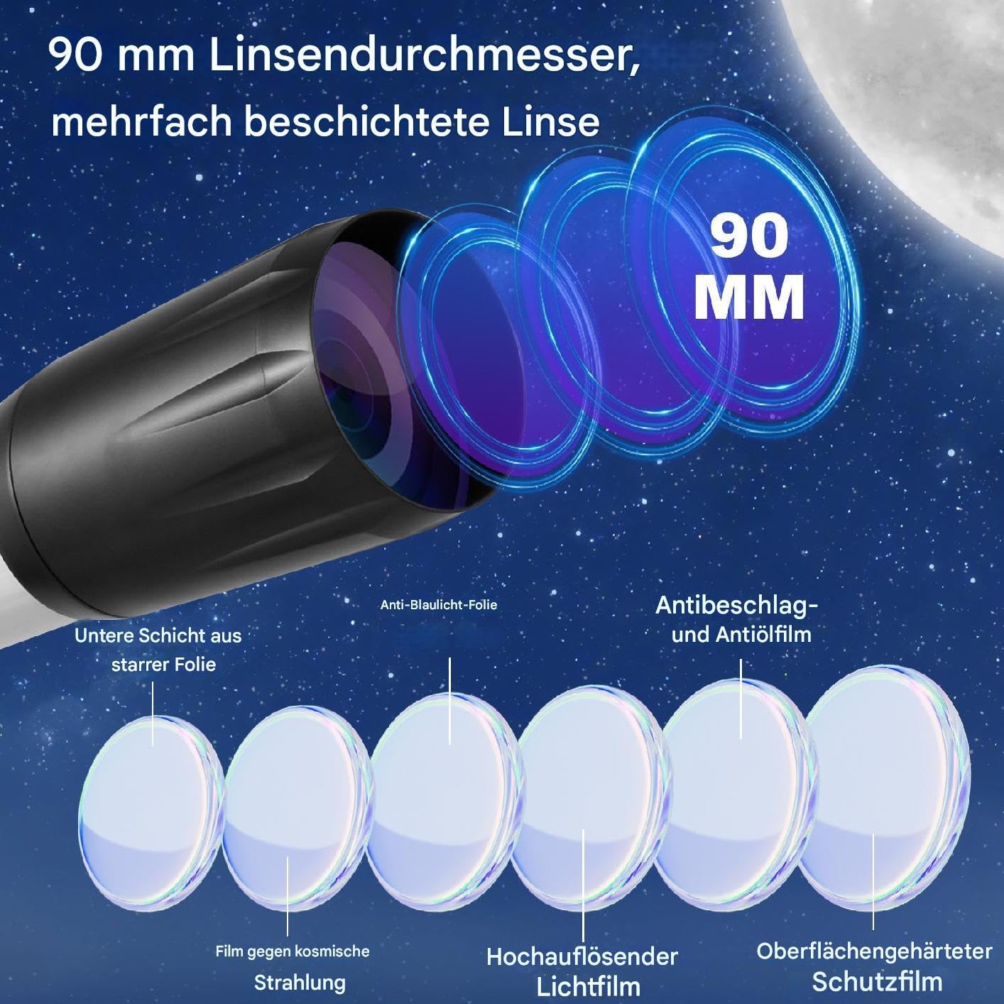 🔭 Observa La Luna Como Nunca! Telescopio Refractor 90mm/800mm Para Adultos Y Niños – Portátil Con Mochila Y Adaptador Para Celular – Regalo Perfecto