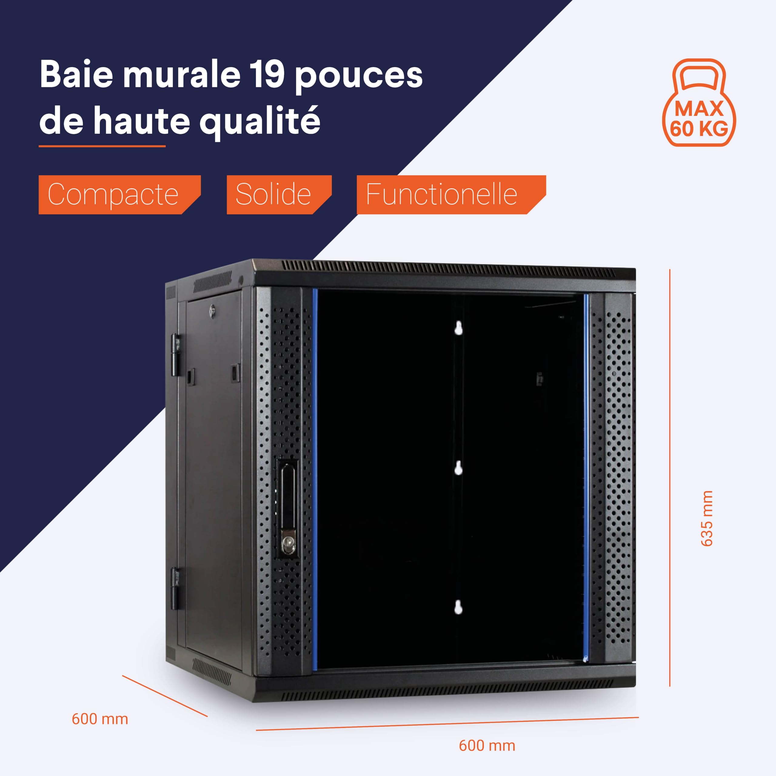 Baie Murale 12u (inclinable) avec Porte en Verre 600x600x635mm - Noir