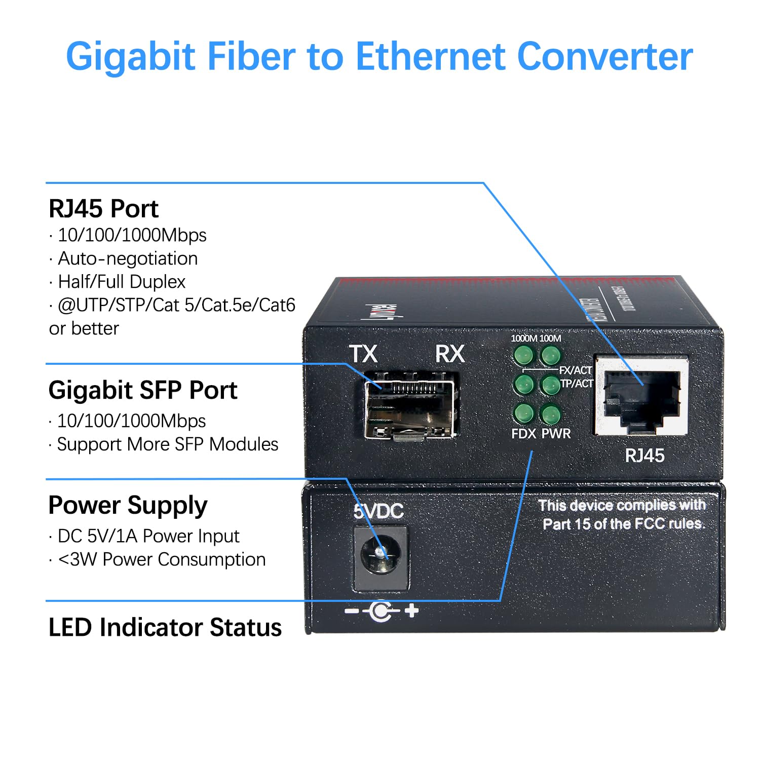 Convertisseur de média fibre Gigabit vers Ethernet, convertisseur de médias fibre monomode avec 2 modules Bidi SFP SMF LC, 10/100/1000Base-TX vers 1000Base-FX SFP vers RJ45, jusqu'à 20 km