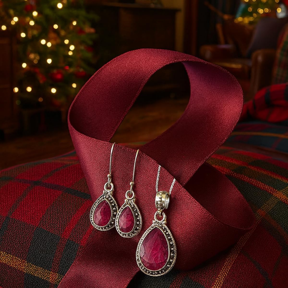 AMALFI Raw Ruby Necklace and Earring Set in Solid Silver - Jewelry Set for Women in 925 Sterling Silver - Natural Pear Stones - Raw Ruby Gemstone Jewelry- Gift Packaging Included