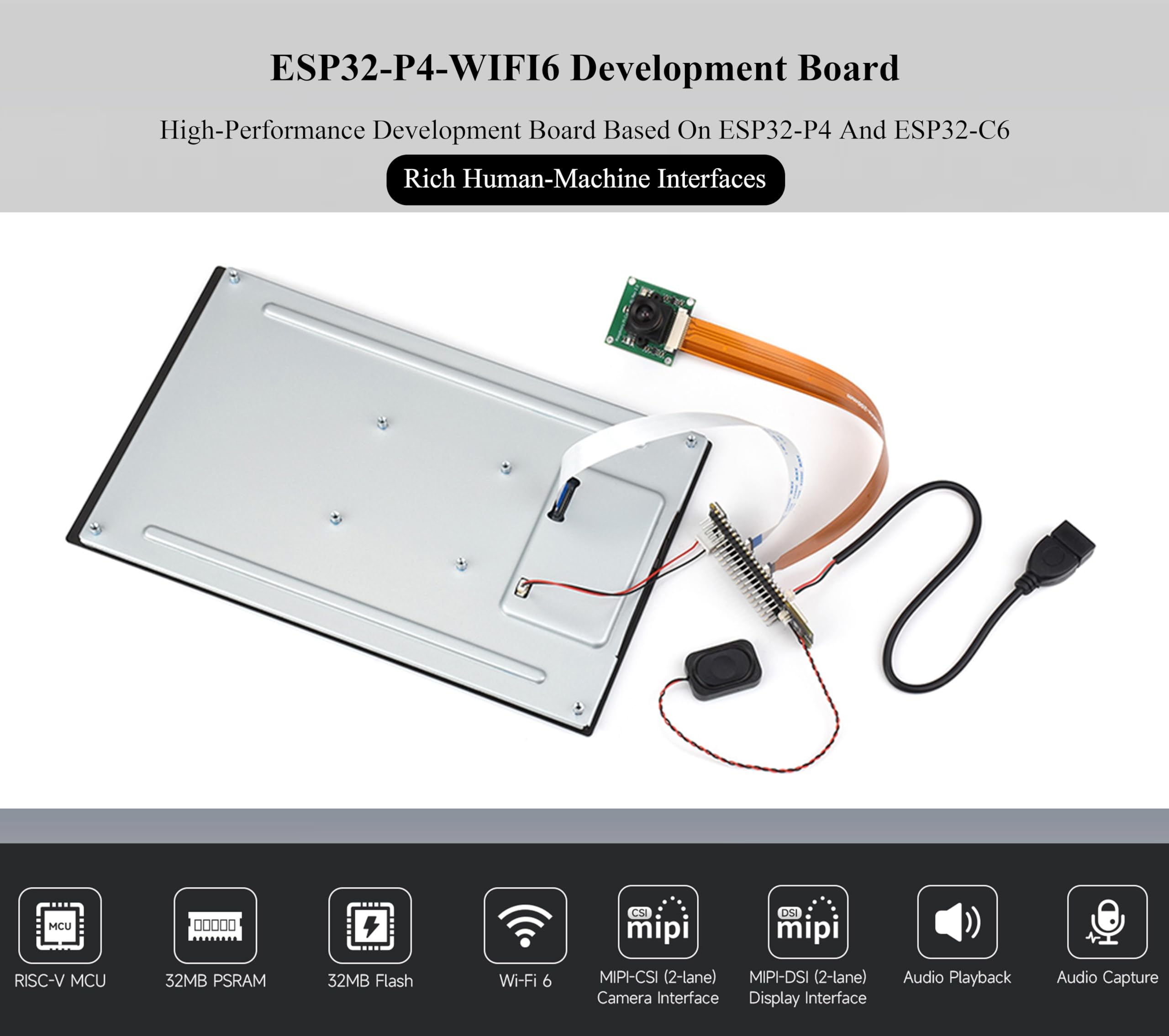 AI ESP32-P4-WIFI6 Development Board with Pre-Soldered Header, Based On ESP32-P4 and ESP32-C6, Supports Wi-Fi 6/Bluetooth 5, Supports AI Speech Interaction, Bundle with Speaker, Camera, LCD -12 Items