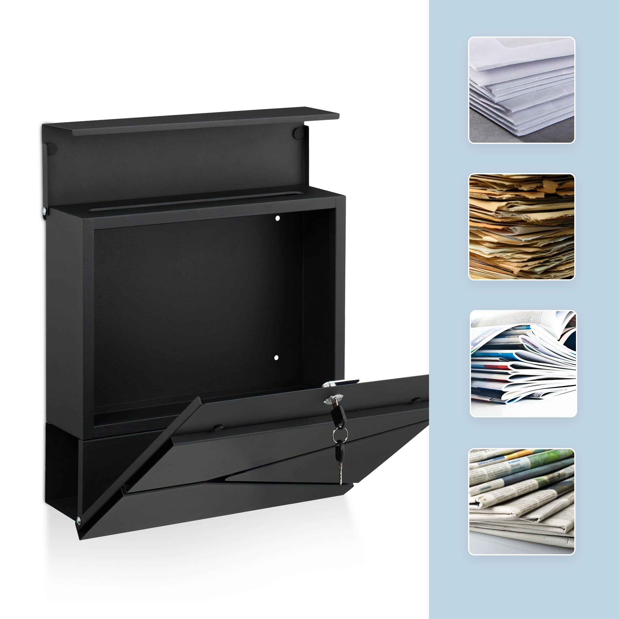 Buzón Relaxdays con Compartimento para periódicos, (H x A x F): 37 x 37 x 11 cm, DIN C4, Impermeable, 4 Llaves, Negro
