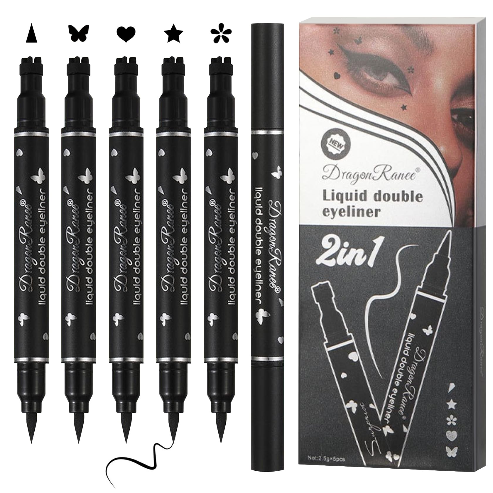 5PCS Black Liquid Eyeliner Stamps Set,Double-side Winged Eyeliner Stencil Pen,Waterproof Long Lasting Eye Liners Stamp Eyeliner Pencil Tattoo Makeup