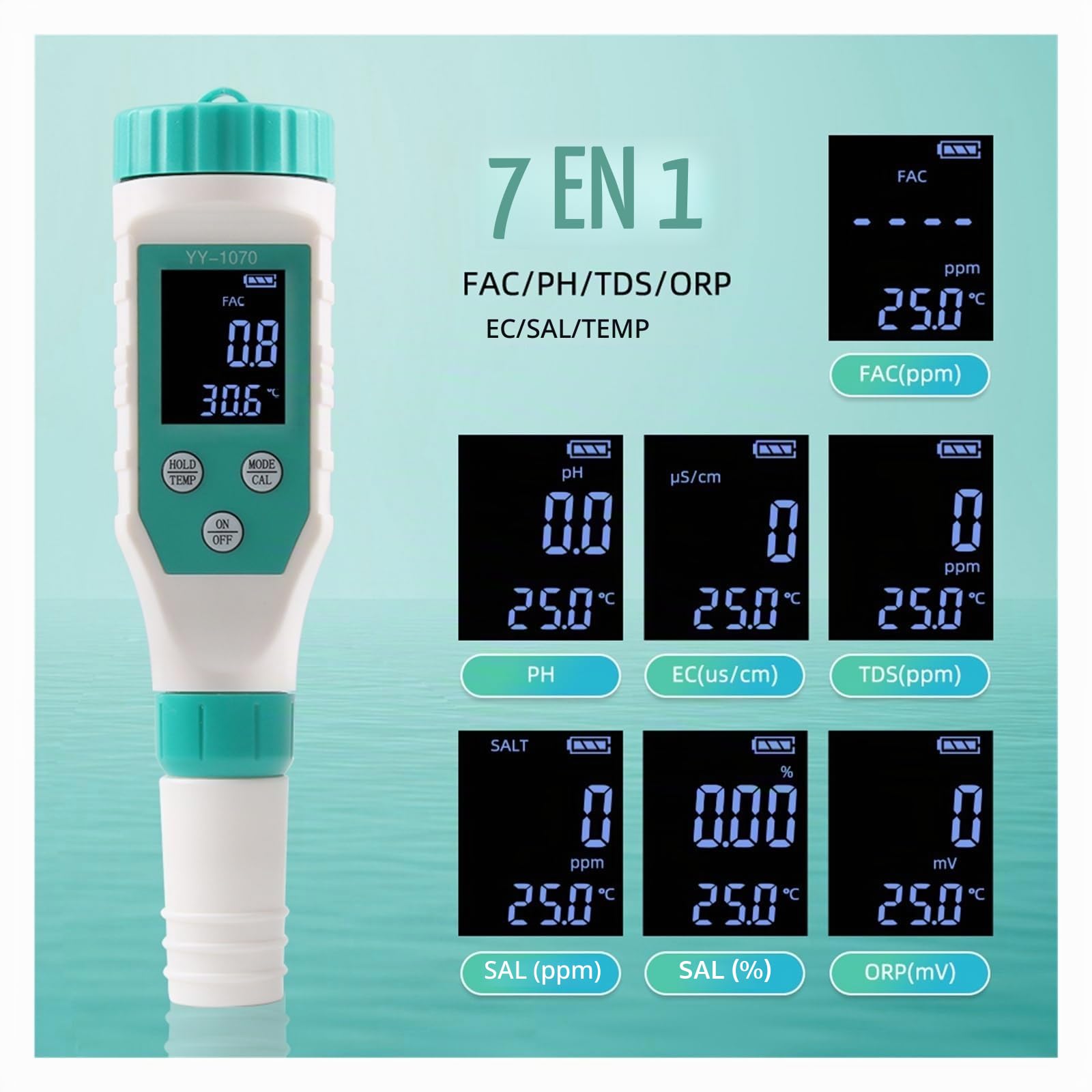 Medidor TDS, Medidor digital de cloro y pH 7 en 1, medidor de sal, ORP, TDS, CE y temperatura, analizador de calidad del agua.