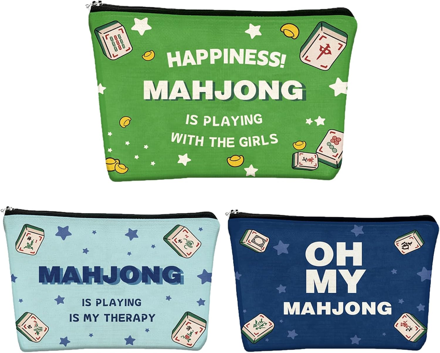 3 Pcs Mahjong Cosmetic Bags, Mah Jongg Bag Gifts for Women, Mah Jong Zippered Pouch Supply for Game Night, New Year, Birthday Gifts, Women & Adults