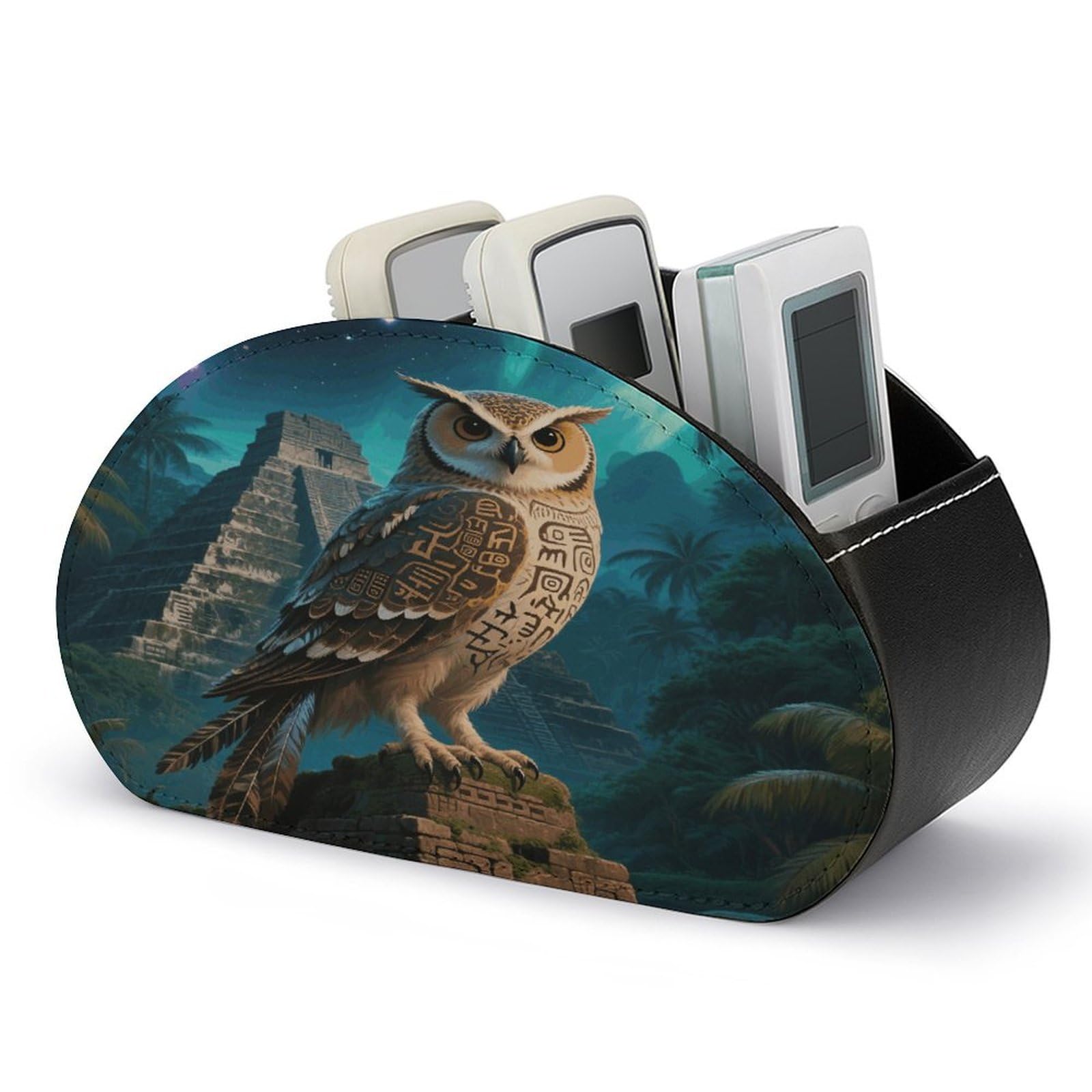 VstaDank Maya Owl Remote Control Holder with 5 Compartments PU Leather TV Remoter Caddy Desktop Organizer TV Remote Holder Remote Box for Media Controllers Office Supplies