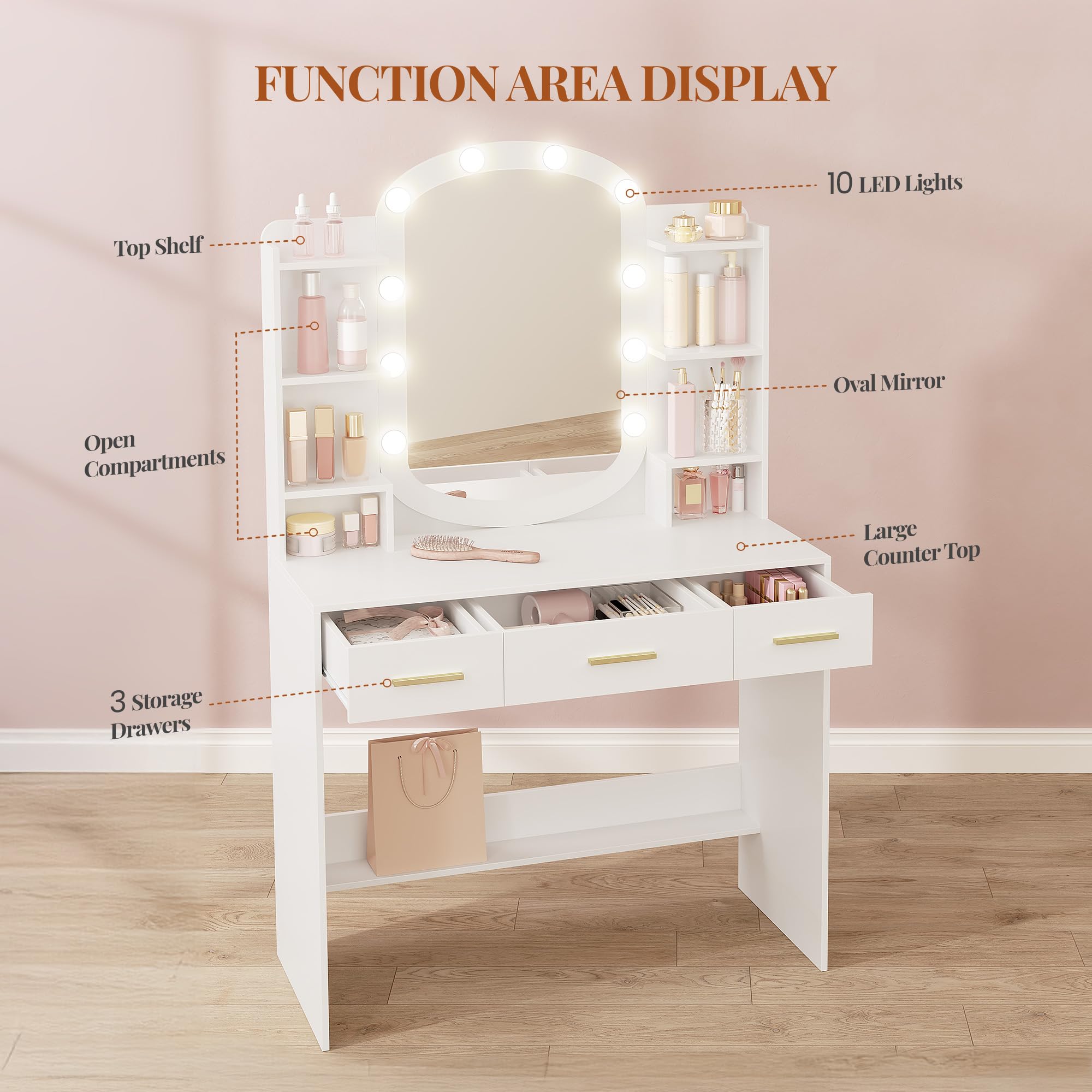 HEXCELEN 90 cm Coiffeuse avec Miroir Ovale, Coiffeuse avec Miroir LED à Luminosité Réglable, Table de Maquillage, 3 Tiroirs avec 6 Étagères Ouverts, Blanc