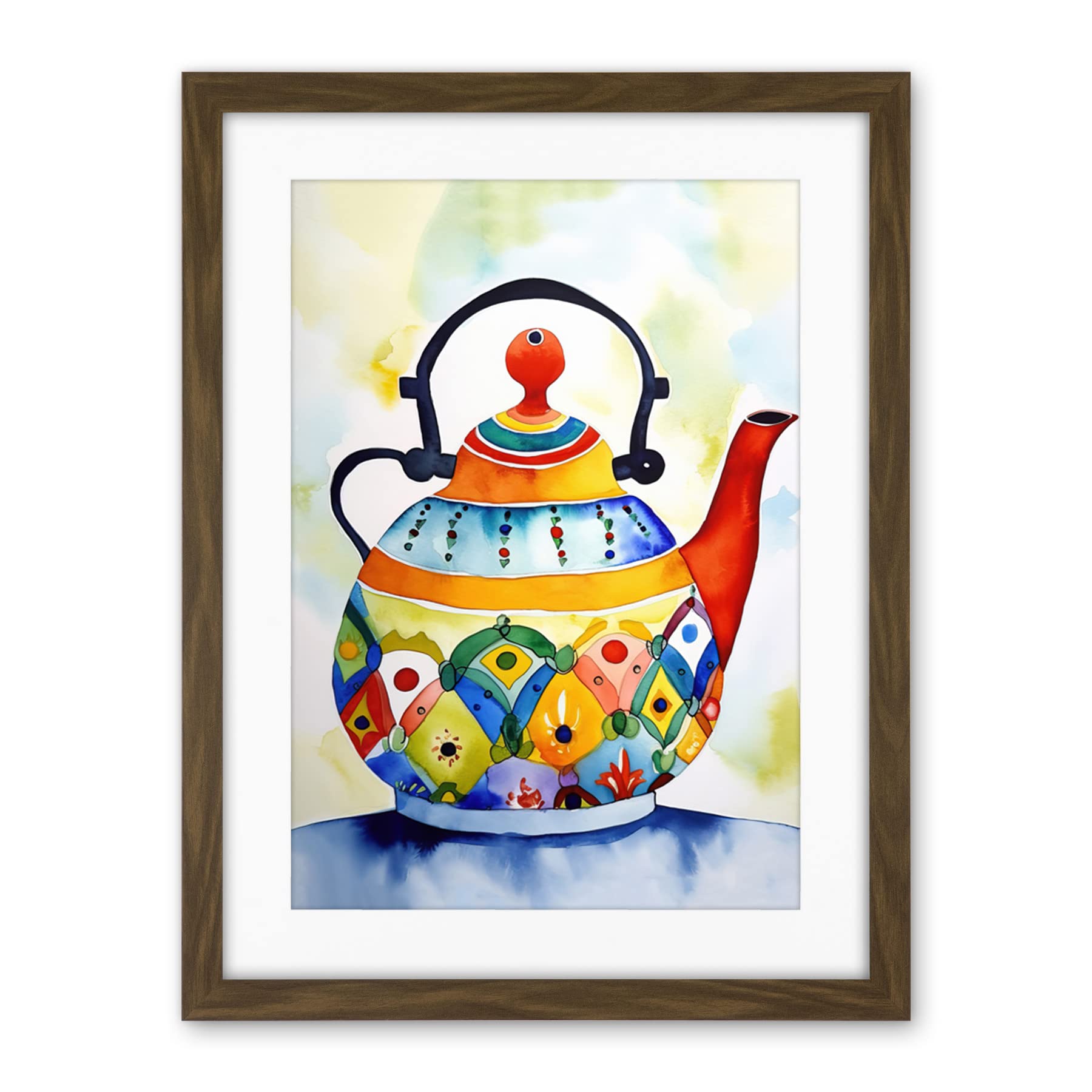 Artery8 Enamelled Patterned Teapot Tea Kettle Folk Art Watercolour Painting Artwork Framed Wall Art Print 18X24 Inch