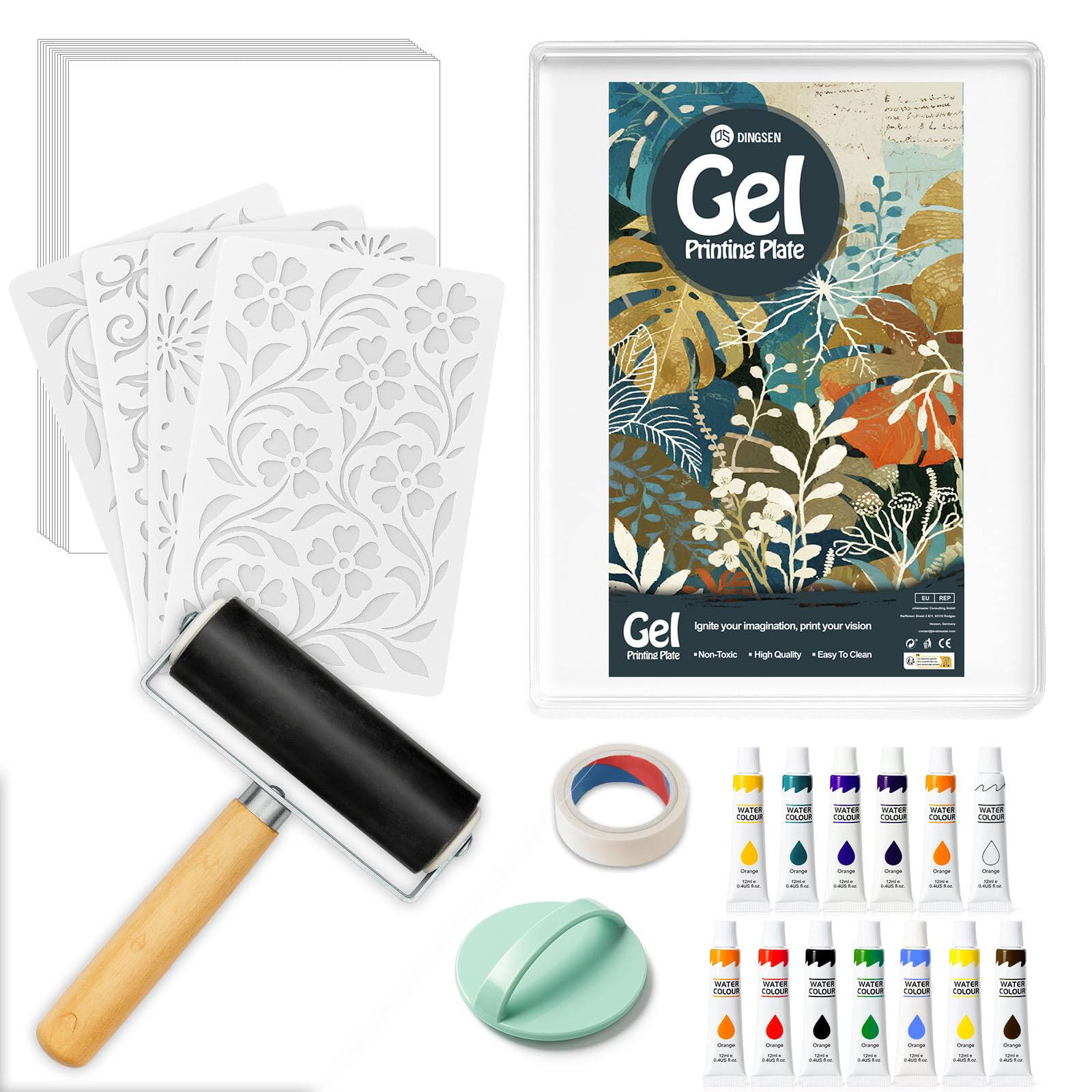 Dingsen Clear Gel Printing Plate,Gelli Plate Printing Kit With 8” X10” Gelli Plate, Brayer Roller, Watercolor Paints, A4 Printmaking Paper, And Essential Tools For Mixed Media Art, Monoprinting, Card Making