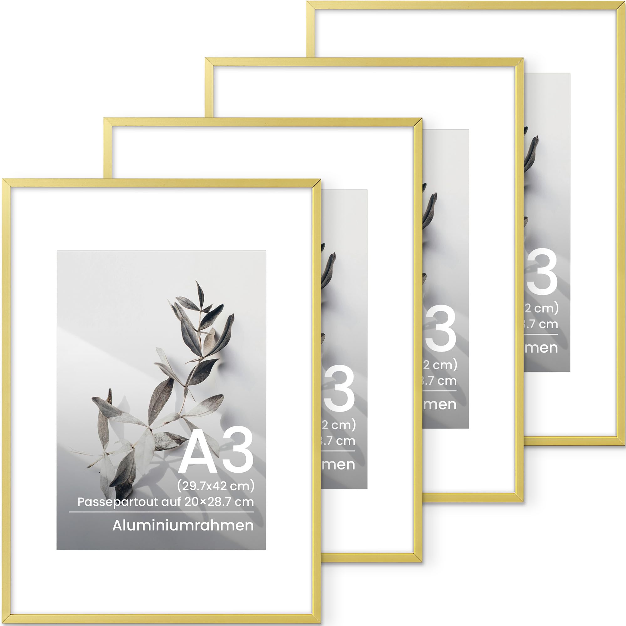 A3 Bilderrahmen Aluminium, Metall Gold A3 Fotorahmen Mit gehärtetem Glas, Für 29,7x42 cm-Fotos ohne Passepartout oder 20x28,7 cm-Fotos mit Passepartout, Große Rahmen für Wandkunstrahmen, 4 Packs