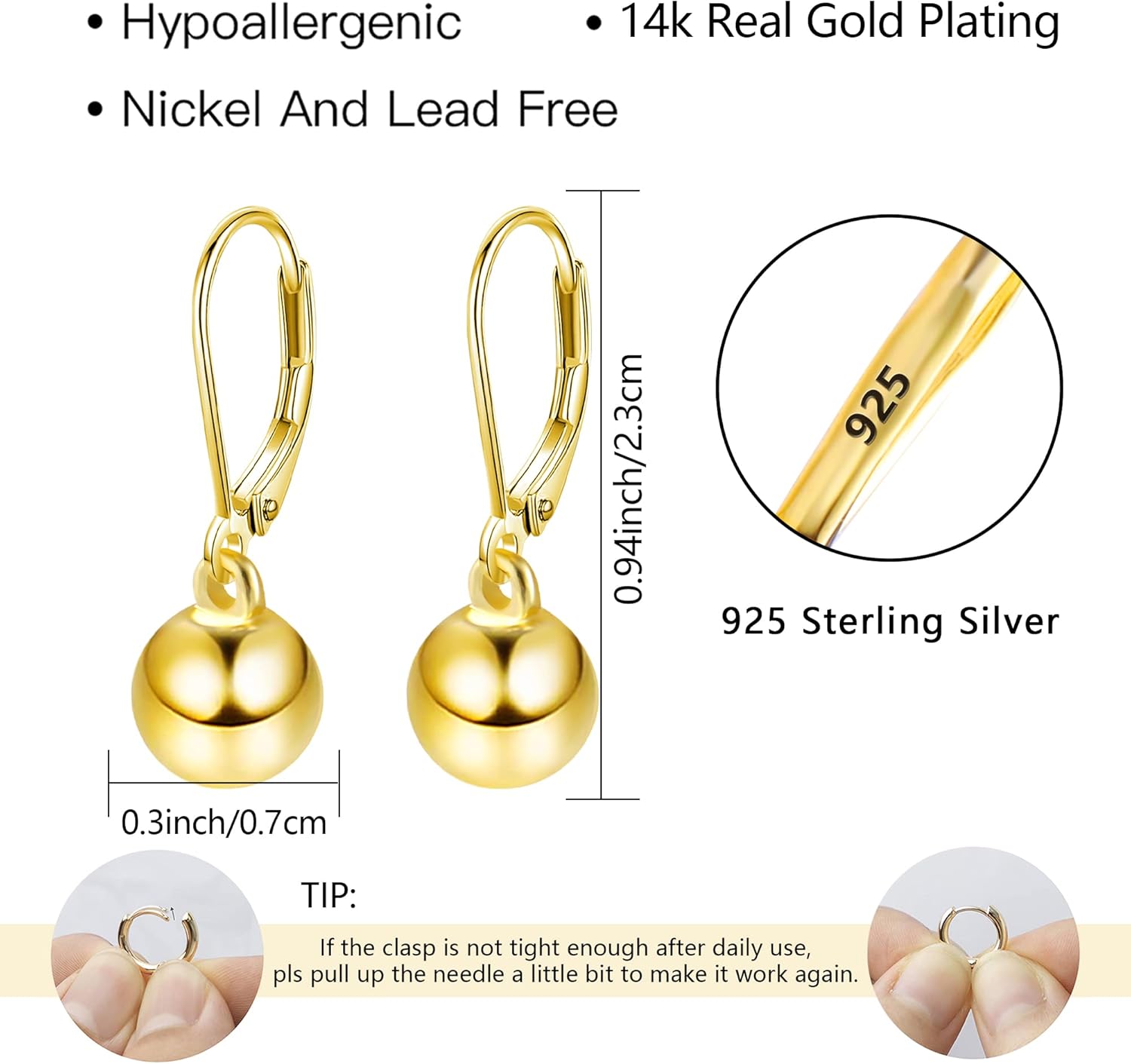 Drop Ball Earrings for Women 925 Sterling Silver Post Dangle EarringsHypoallergenic Earings for Jewelry Gifts - Image 3