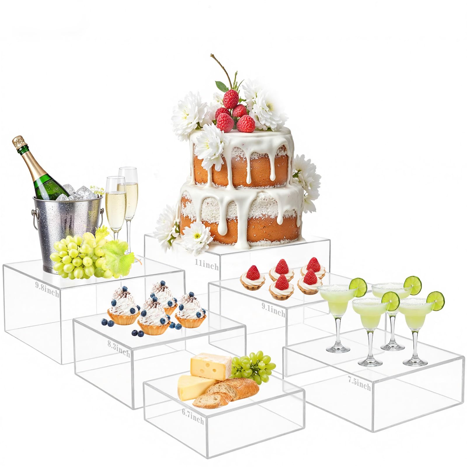 Paquete de 6 elevadores de bufé de acrílico transparente, elevadores de exhibición de alimentos para mesa de postre