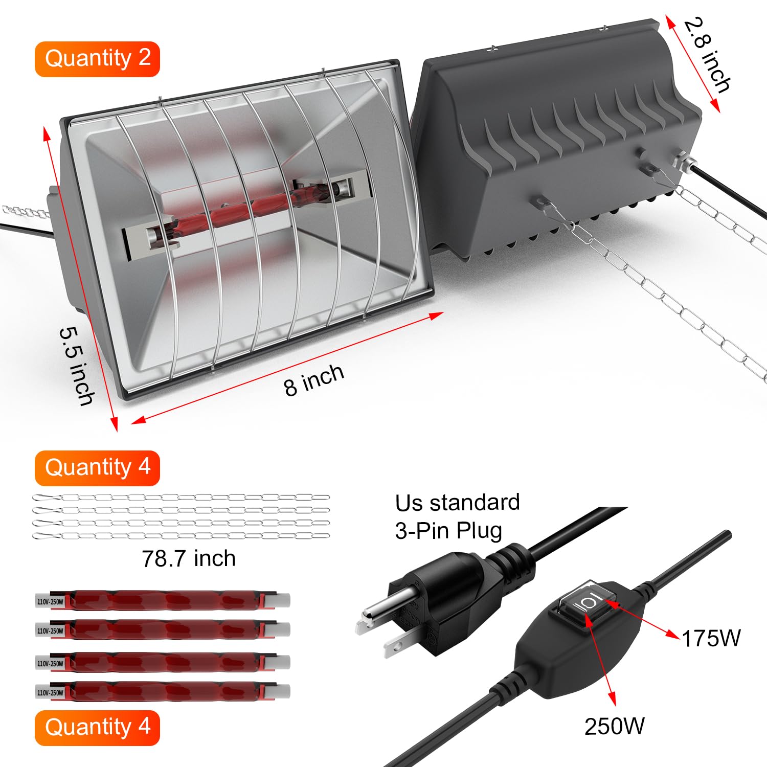 2 sztuki grzejnika do kurnika, aluminiowa lampa grzewcza dla 30 piskląt lub kaczek, 4 x 250 W, rura lampy grzewczej z 2 regulowanymi temperaturami i żelaznym łańcuchem 2,4 m, dla płazów, zwierząt
