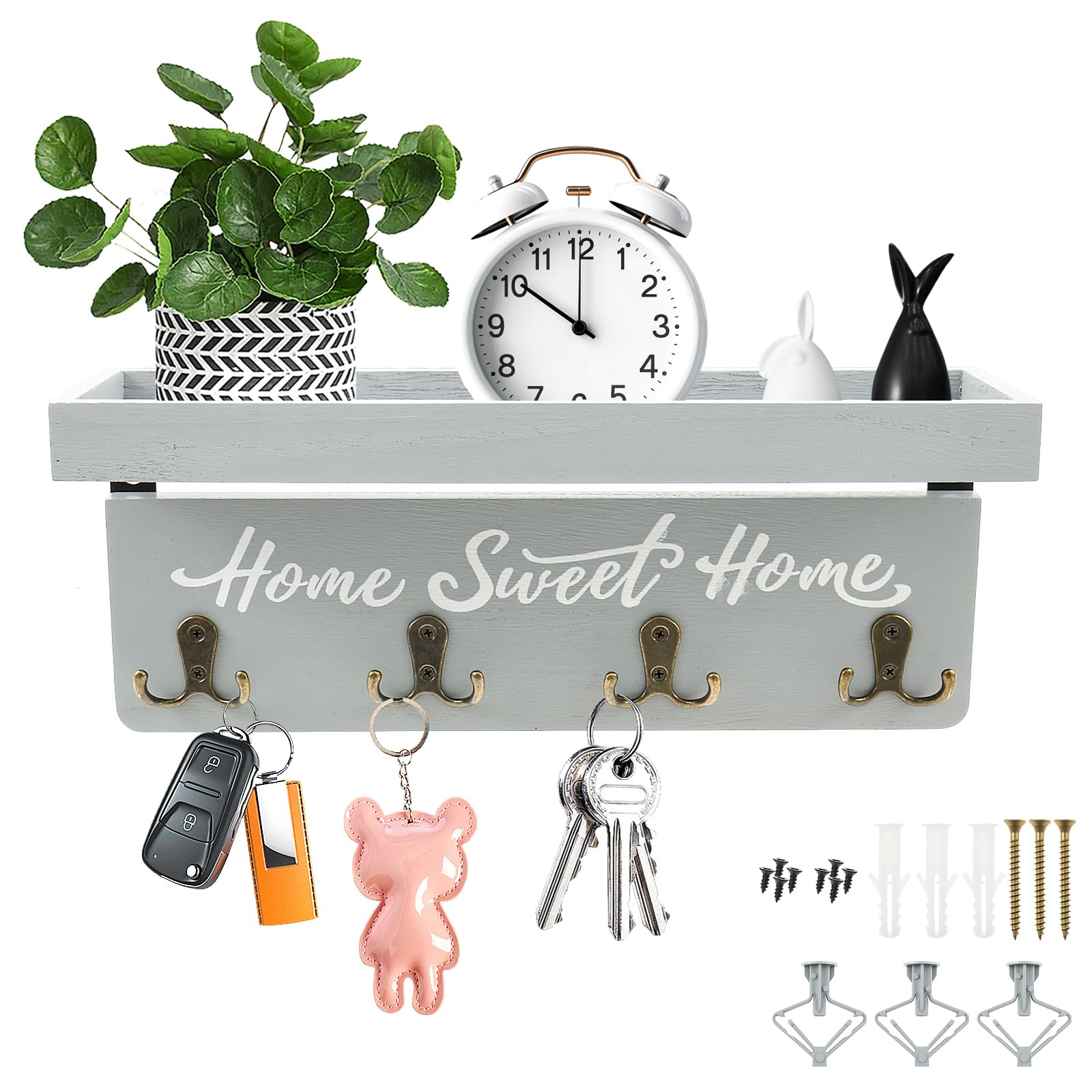 QINGLANG Wall Key Holder with Wood Tray and 8 Hooks Key Racks Wall Mounted Keys Hangers Wooden Mail Rack Organizer with Shelf Rustic Home Decor for Entryway Hallway Bedroom Mudroom Office(Grey)