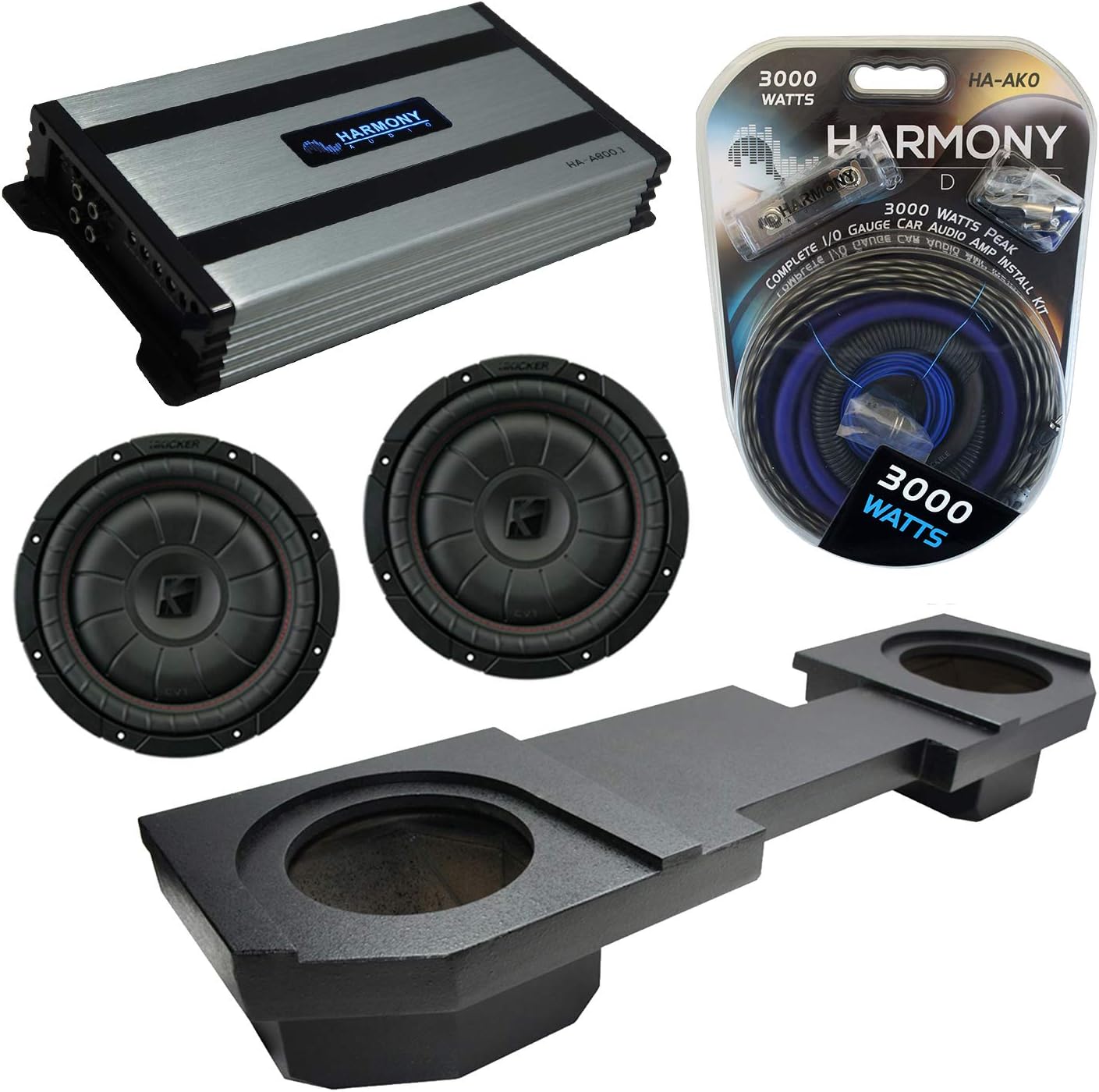 Harmony Audio Compatible with 2002-2018 Dodge Ram Quad or Crew Kicker Bundle CompVT CVT10 Dual 10" Rhino Coated Sub Box Harmony HA-A800.1