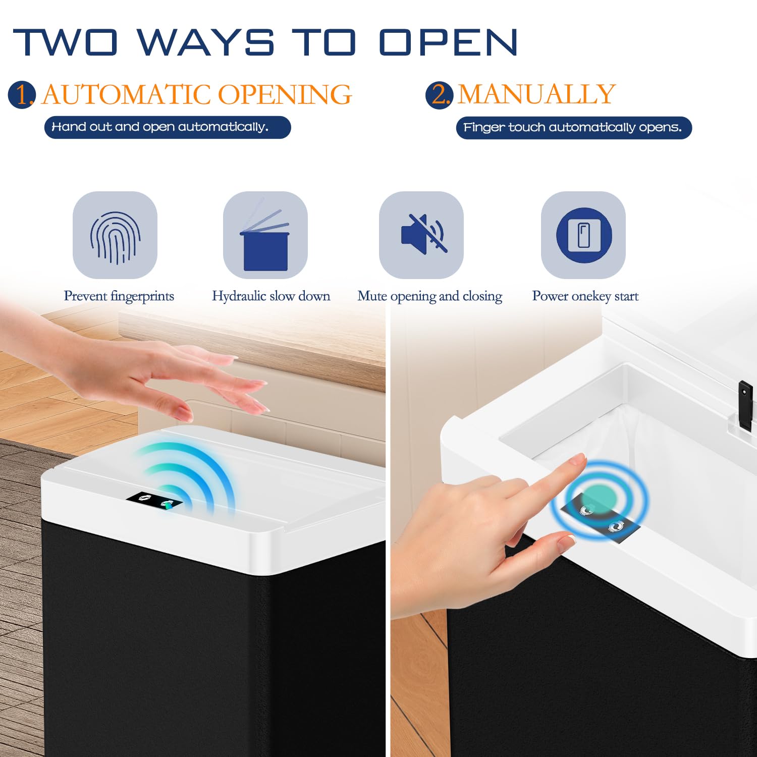 13 Gallon Trash Can Kitchen Trash Can with Lid High Capacity Automatic Garbage Can Stainless Steel Motion Sensor Trash Bin for Kitchen Bedroom, Black