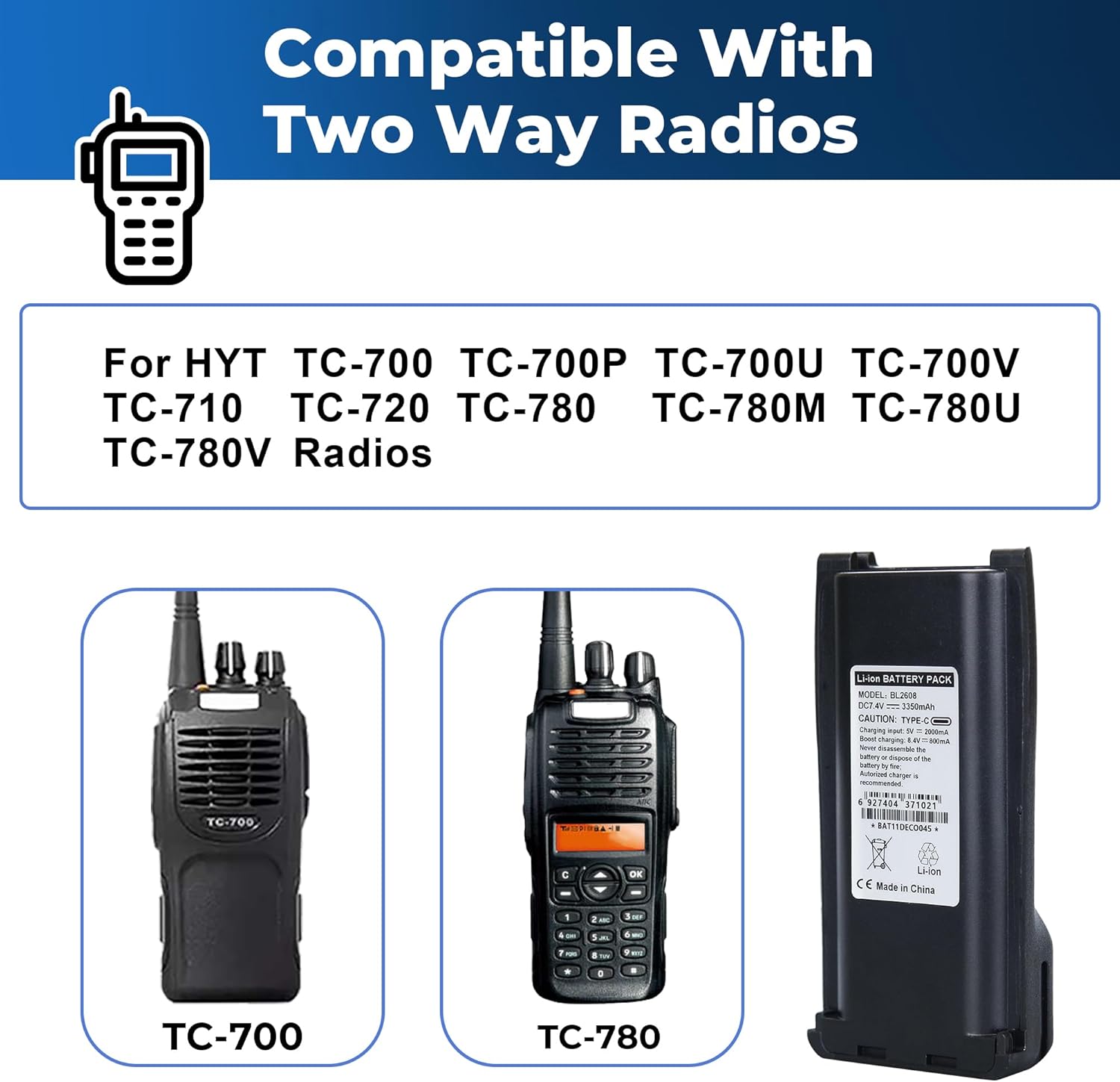 3350mAh BL2608 Battery, Type-C Rechargeable, Compatible with Hytera TC800M TC700 TC700U TC700V TC710 TC720 TC780 TC780M TC780U TC780V Radio, Replacement for BL2102Li BL1801 BL1703Li