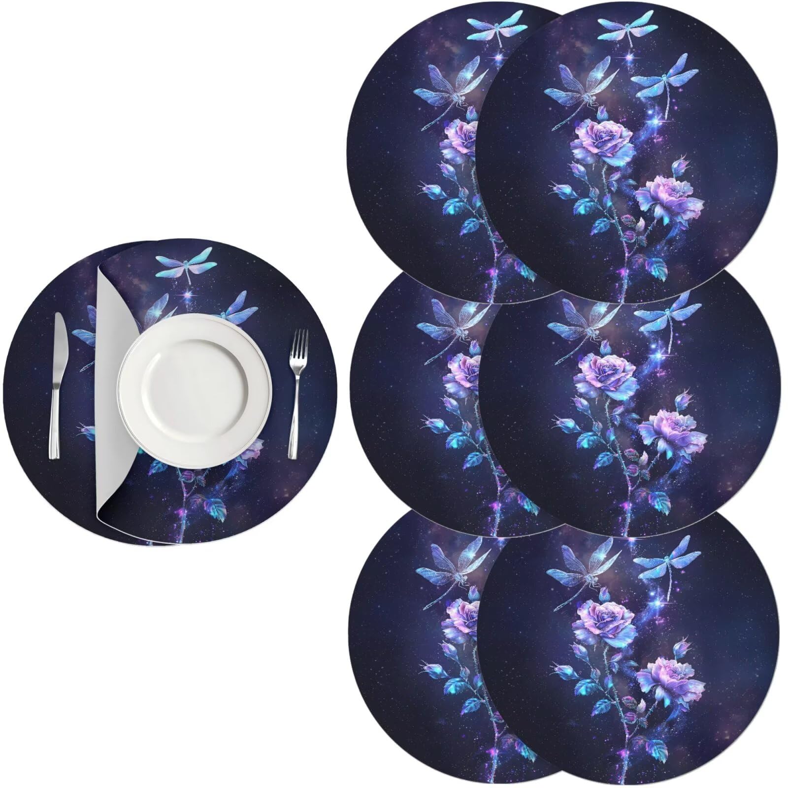 Generic Round Place Mats Set of 6 Elegant Dragonfly Placemats for Dining Table Waterproof Heat Resistant Mat Plastic Table Mats for Dining Tables Accessories,Water Lily — image 1
