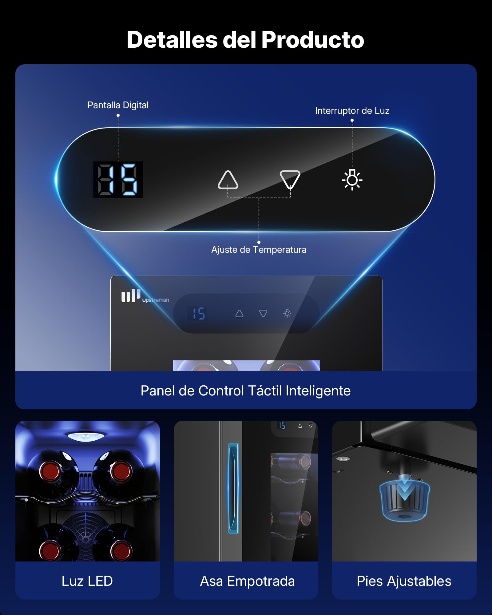 Upstreman Vinoteca para 6 botellas, 5-18 °C ajustable, pantalla táctil digital, silenciosa, doble cristal térmico anti-UV, iluminación LED | 5-18 °C ajustable, pantalla táctil digital, silenciosa, doble cristal térmico anti-UV, iluminación LED