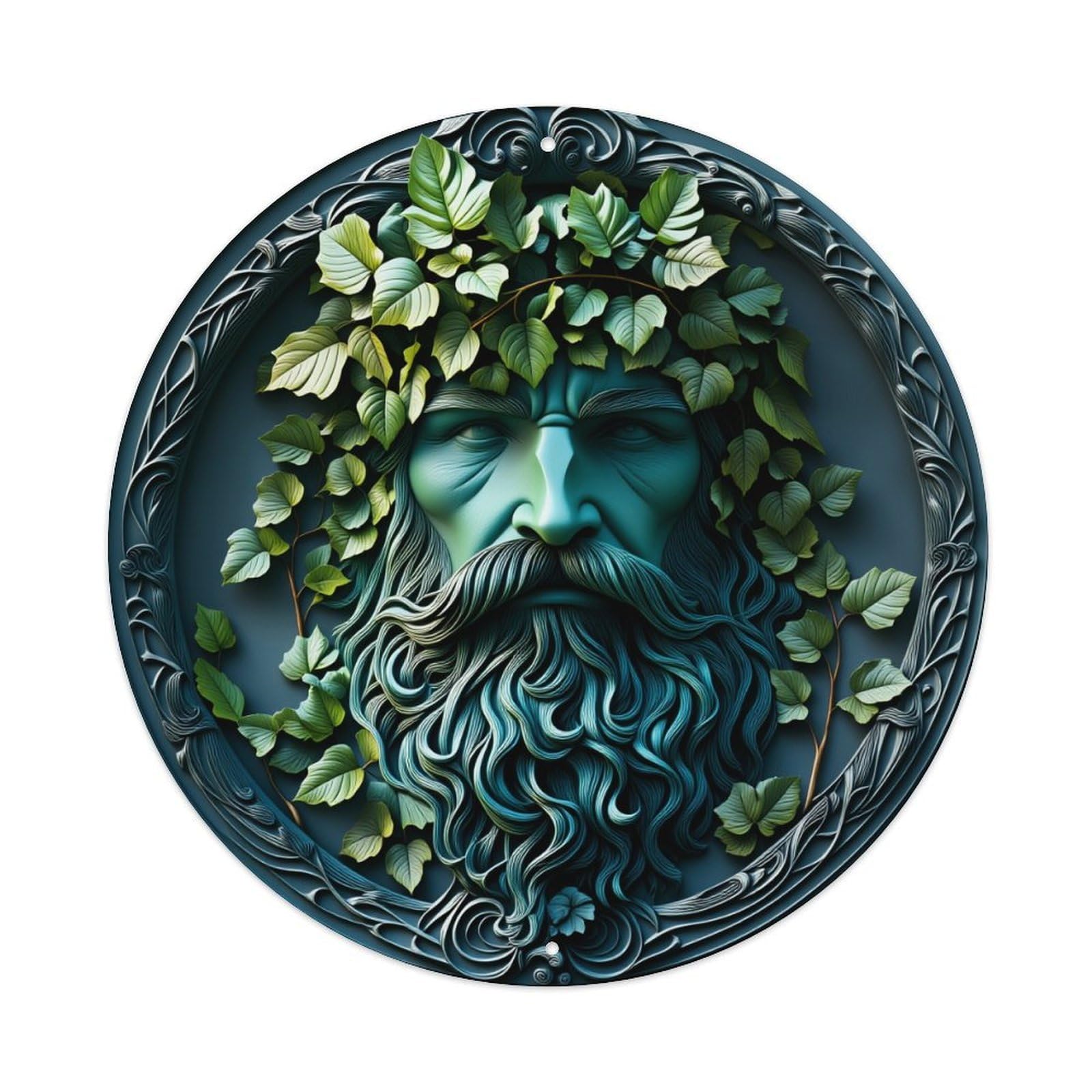 Green Leaves Wreath Beard Man Face Circular Art Round Vintage Tin Sign,Retro Wall Art,Metal Poster for Home, Bar, Garage, Cafe, Rustic Indoor & Outdoor Decor, 8x8 Inches