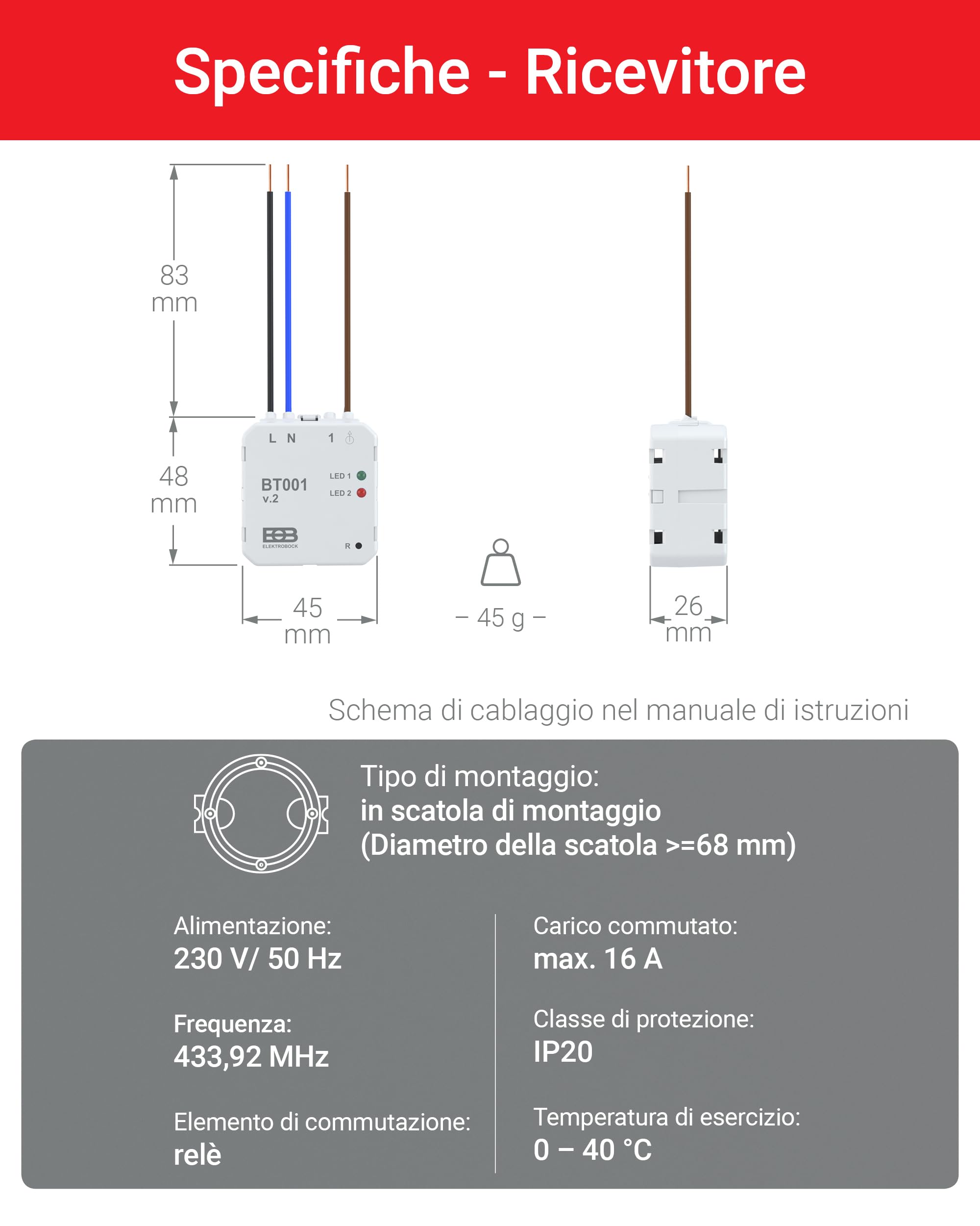 ELEKTROBOCK BT731 Termostato ambiente senza fili con ricevitore - Supporto - Portata fino a 35 m - Per riscaldamento elettrico e a infrarossi - Programmi settimanali e protezione antigelo, Bianco