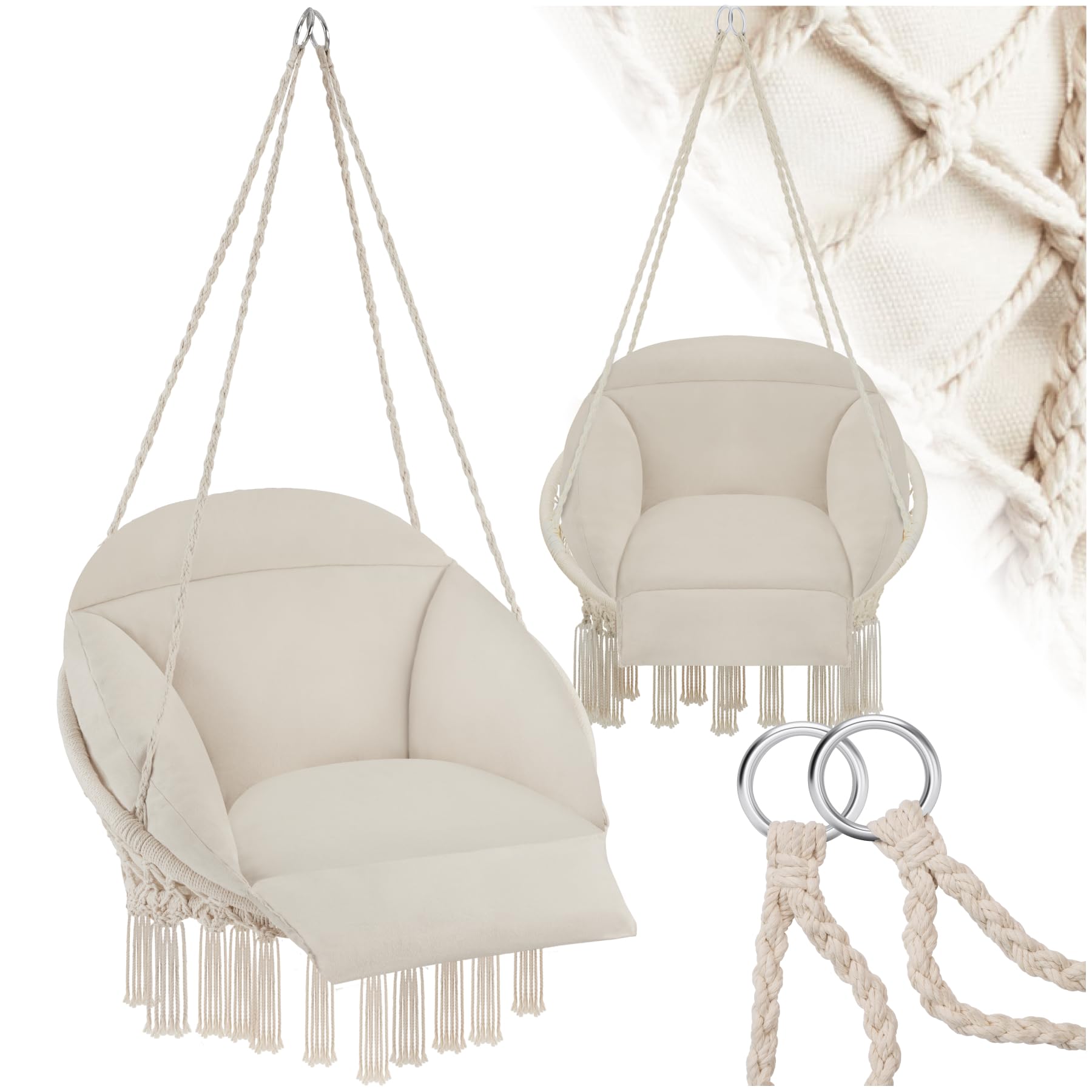 tectake® Hängesessel, Hängeschaukel mit dicken Kissen & Quasten, Boho Hängekorb Ø 80 cm, Hängesessel mit Gestell für Garten, Balkon und Wohnzimmer, Nestschaukel Outdoor & Indoor, Gartenstuhl - beige
