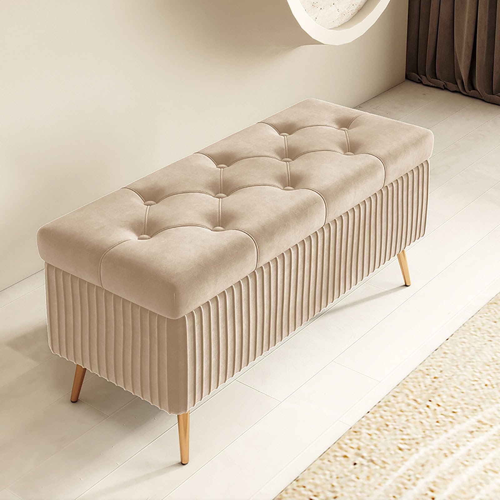 Cassapanca in Velluto, Panca Contenitore Imbottito in Spugna, Poggiapiedi in Legno Massello, Panca Scarpiera per Soggiorno Camera da Letto Spogliatoio Ingresso(Width 31.5in/80cm, Light Khaki)