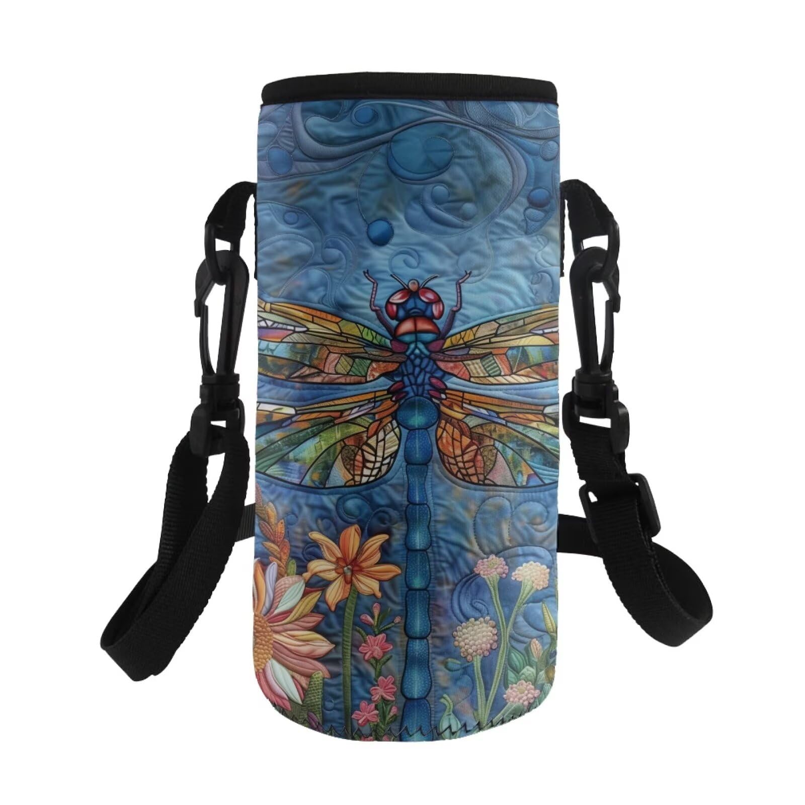 COEQINE Kids Water Bottles Holder for School with Dragonfly Floral Blue Print Girls Women Outdoor Hiking Travel School Water Bottle Carrier Bag,Adjustable Shoulder Strap โ image 1