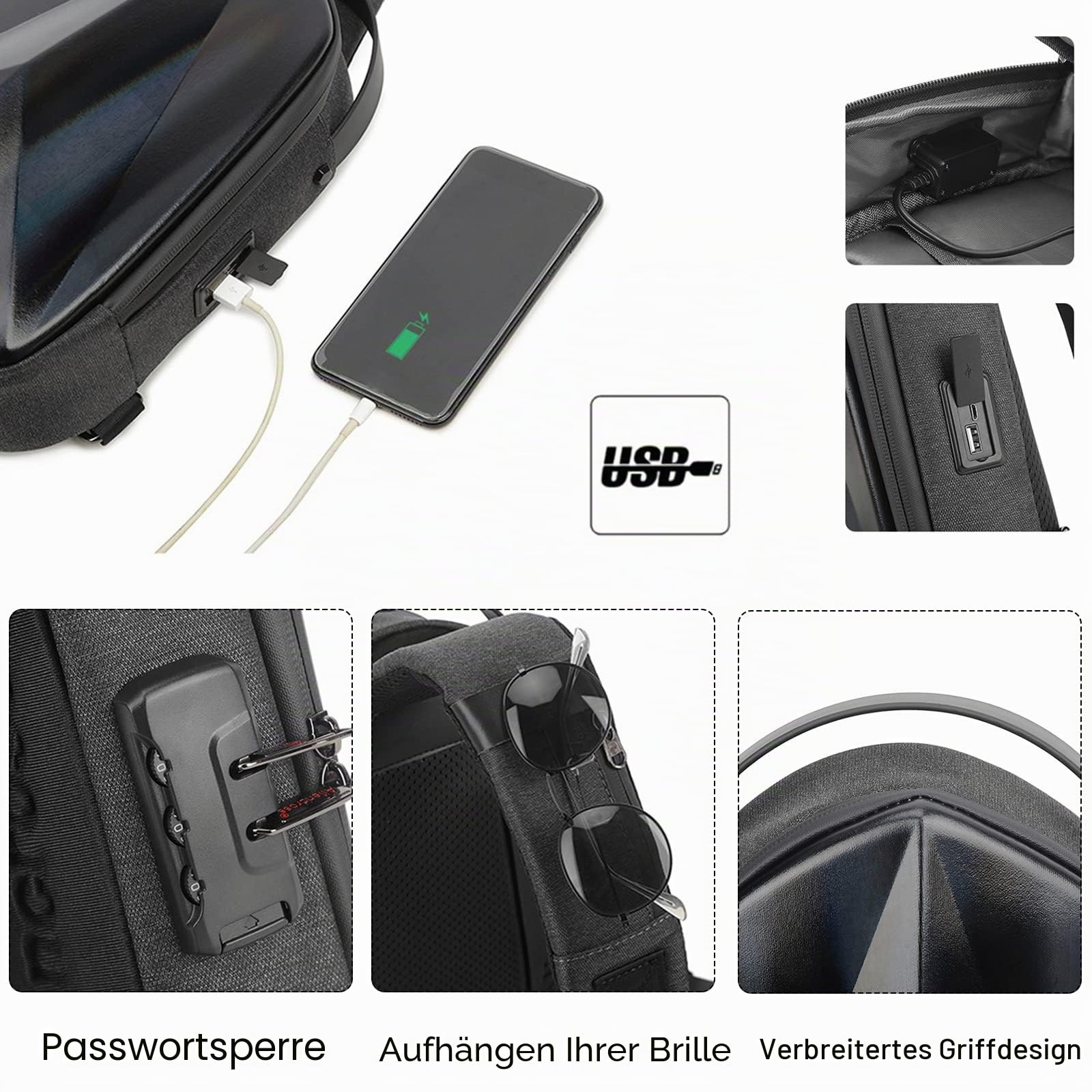 FANDARE Diebstahlschutz Brusttasche Sling Daypacks mit USB-Ladeanschluss Schultertasche Crossbody Bag Umhängetasche Sporttasche Wasserdicht Daypacks für Herren Damen Reisen Wandern Hiking Schwarz