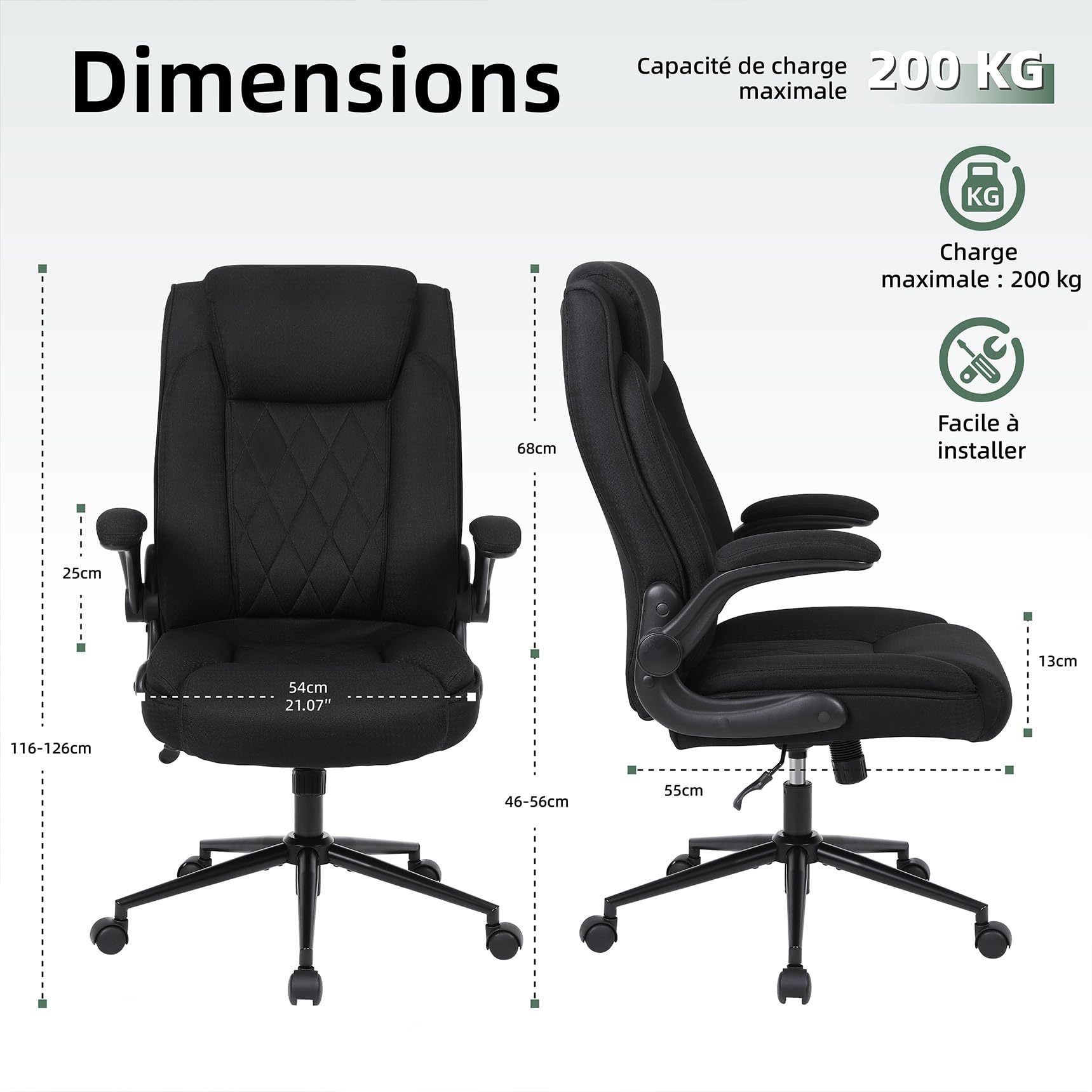 Youhauchair Chaise Bureau Ergonomique, Chaise de Bureau 200 kg pour Personnes de Grande Taille, Fauteuil de Bureau avec Accoudoirs Relevables, Fauteuil de Direction à Dossier Haut, Noir