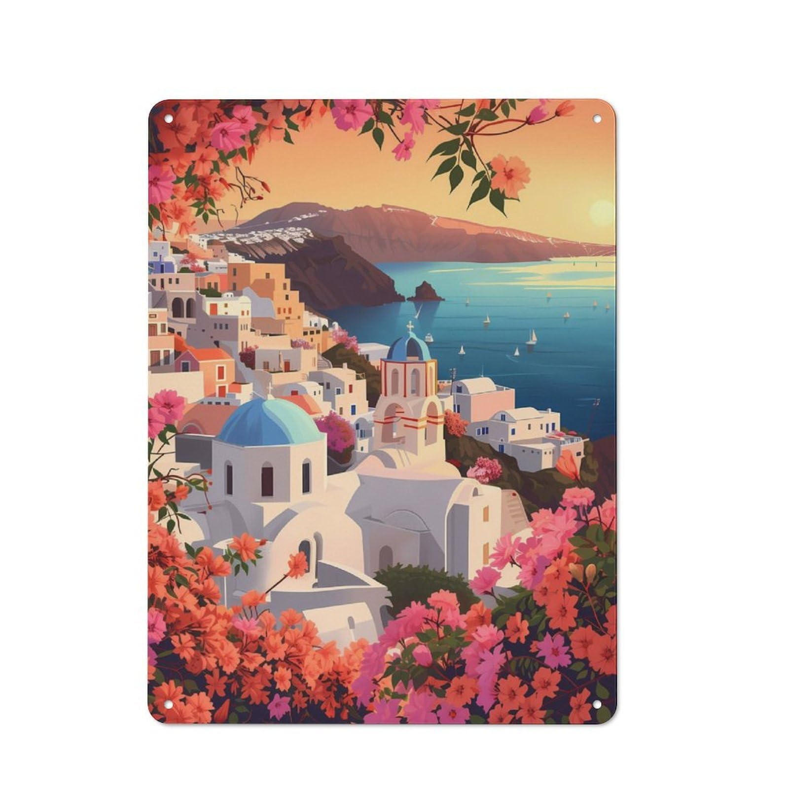 Junmoney Sunset In Santorini Rustic Tin Wall Plaque 40X30cm For Home Office Or Studio, For Garage, Workshop And Man Cave Decoration