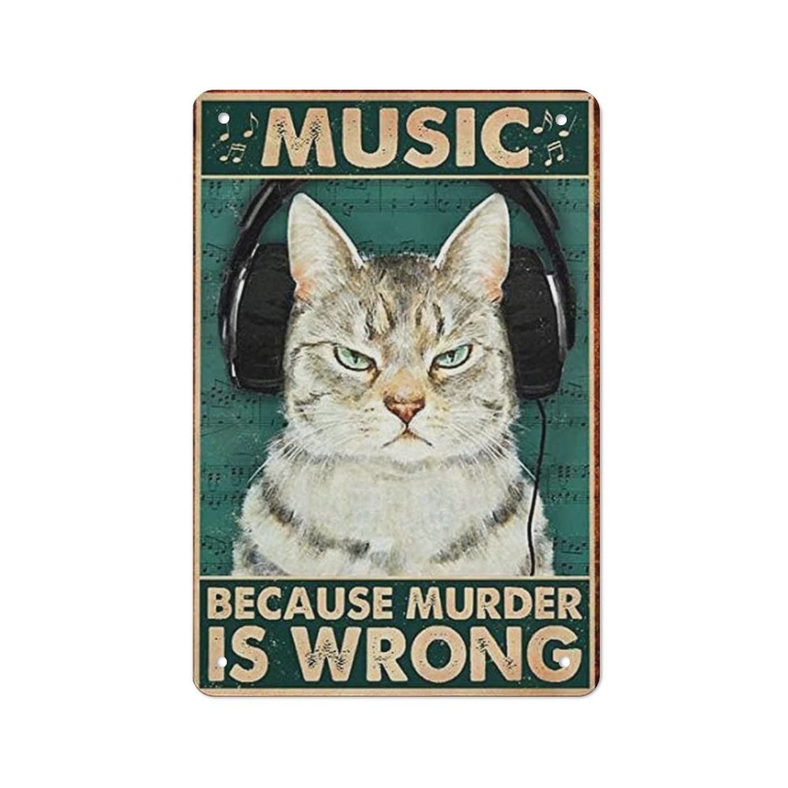 AOOEDM Cat Listening to Music Metal Sign for Home Coffee Garage Wall Decor Vintage Poster Bar Signs for Home Bar Retro Metal Tin Sign