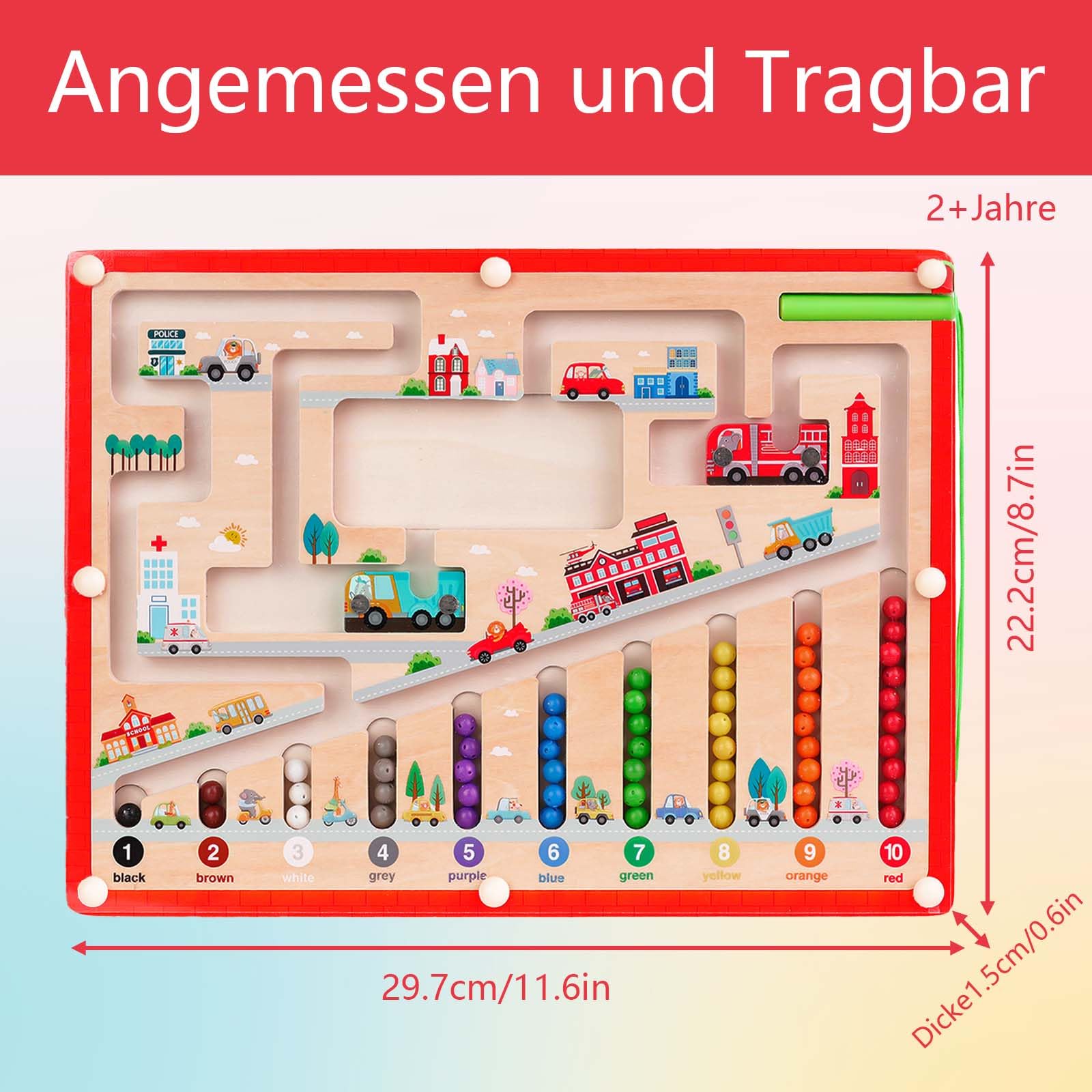 Magnetspiel Labyrinth Ab 2 Jahre – Montessori Spielzeug, 10 Farben, 30 X 22 Cm, Verkehrsmotiv