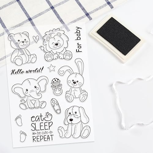 Miniatura 4 de GLOBLELAND Juego de 1 troqueles de corte de muñeca y sello transparente, diseño de conejo, perro, elefante, oso, plantilla en relieve y sello de