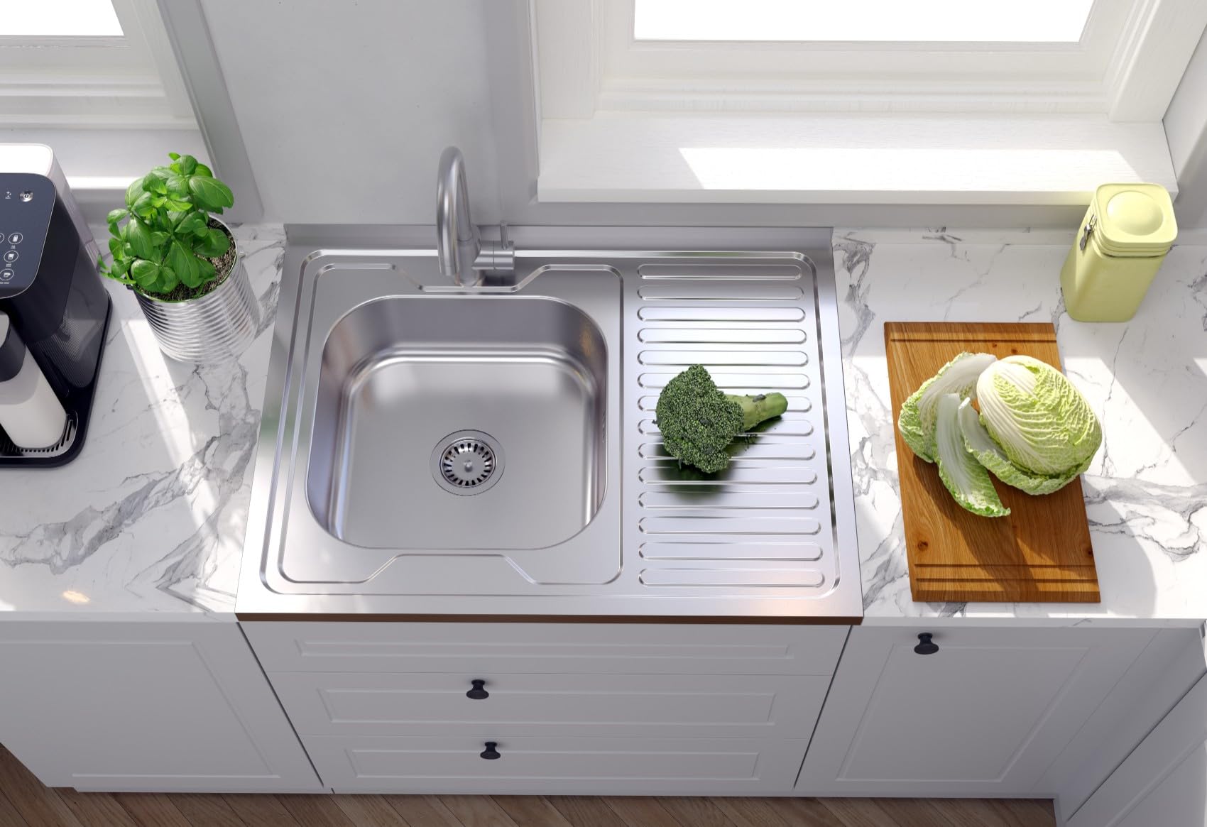 QUADRON Lavello in acciaio inox | dimensione 80 cm colore: sinistro | ROBIN lavello da cucina | scarico incluso | lavello in acciaio inox adatto a mobile da 80 cm | sovrapposizione (SINISTRA)