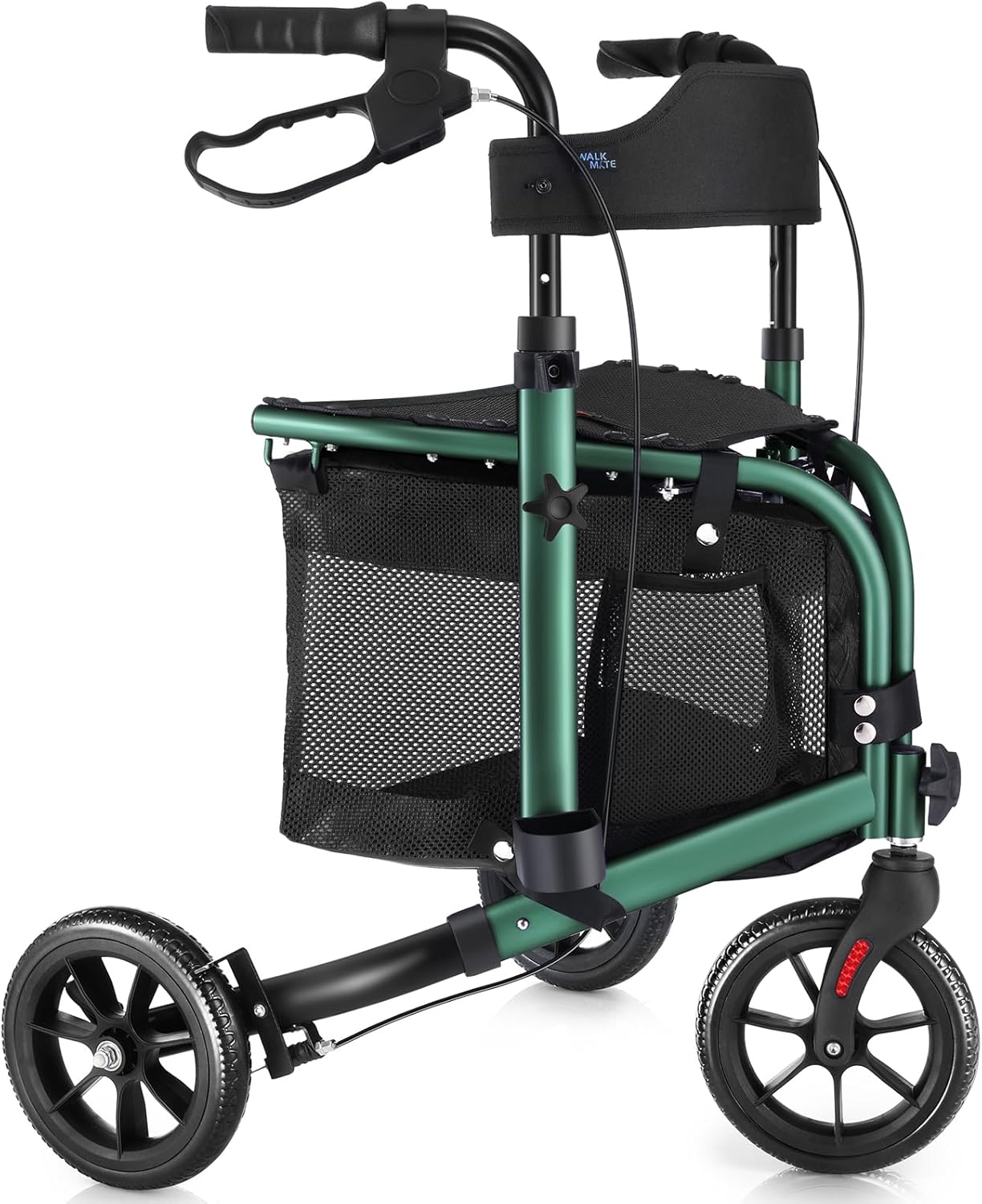 WALK MATE 3 Wheel Rollator Walker with Seat for Slim Seniors, Padded Backrest Lightweight Foldable Walker Ideal for Elderly, 8 Inch Tri-Wheel Modern Mobility Walking Aid Aluminum, Green
