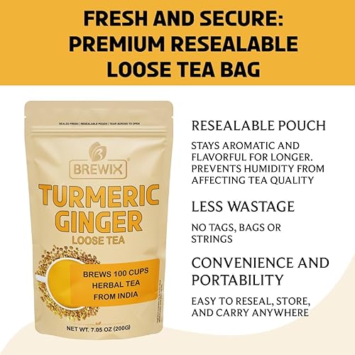 Miniatura 8 de BREWIX, Té de hierbas sueltas de cúrcuma y jengibre (más de 100 tazas, 7.05 oz200 g) sin cafeína y gluten  Té de raíz de jengibre  Salado y picante