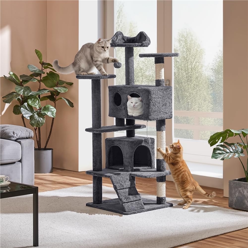 Yaheetech 139 cm Kratzbaum für Kleine und Mittelgroße Katzen, Mehrstufiger Katzenturm mit 2 Höhlen, 3 Plattformen, Sisalsäulen und Stufendesign, Stabil für Mehrkatzenhaushalte, Dunkelgrau