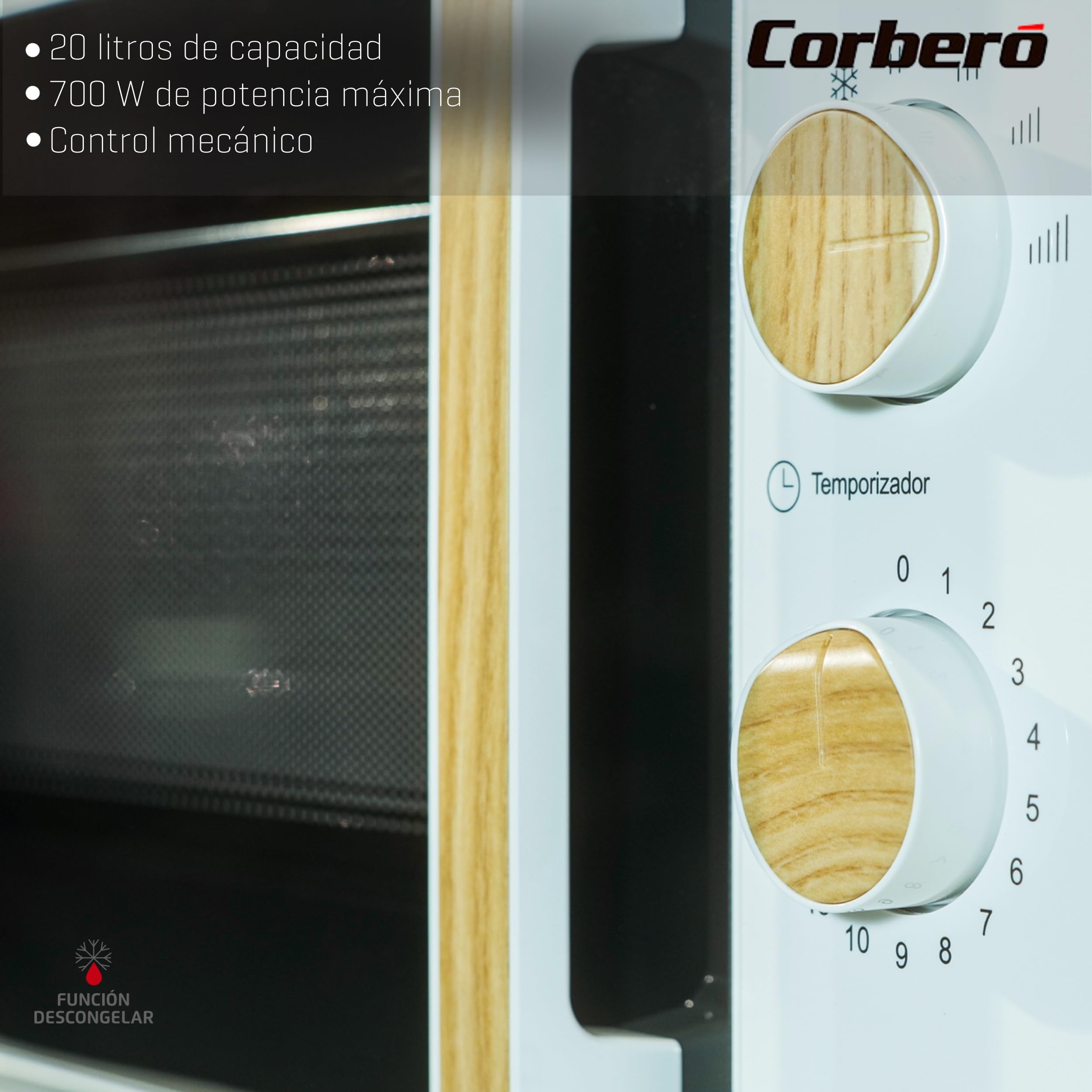 Corberó - Microondas | CMICG270WOODN | 20L | Potencia 700W | Descongelar y Calentar | Control Mecánico 5 Niveles | Temporizador 30 Min | Plato Giratorio 245mm | Blanco