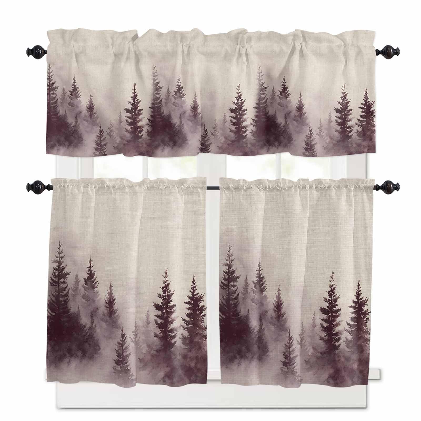 Vintage Forest Kitchen Curtains 36 Inch Length,3 Piece Rod Pocket Small Half Tiers and Valance Set,Farmhouse Pine Trees Natural Landscape Small Large Window Treatment Decor for Bedroom/Bathroom Sink