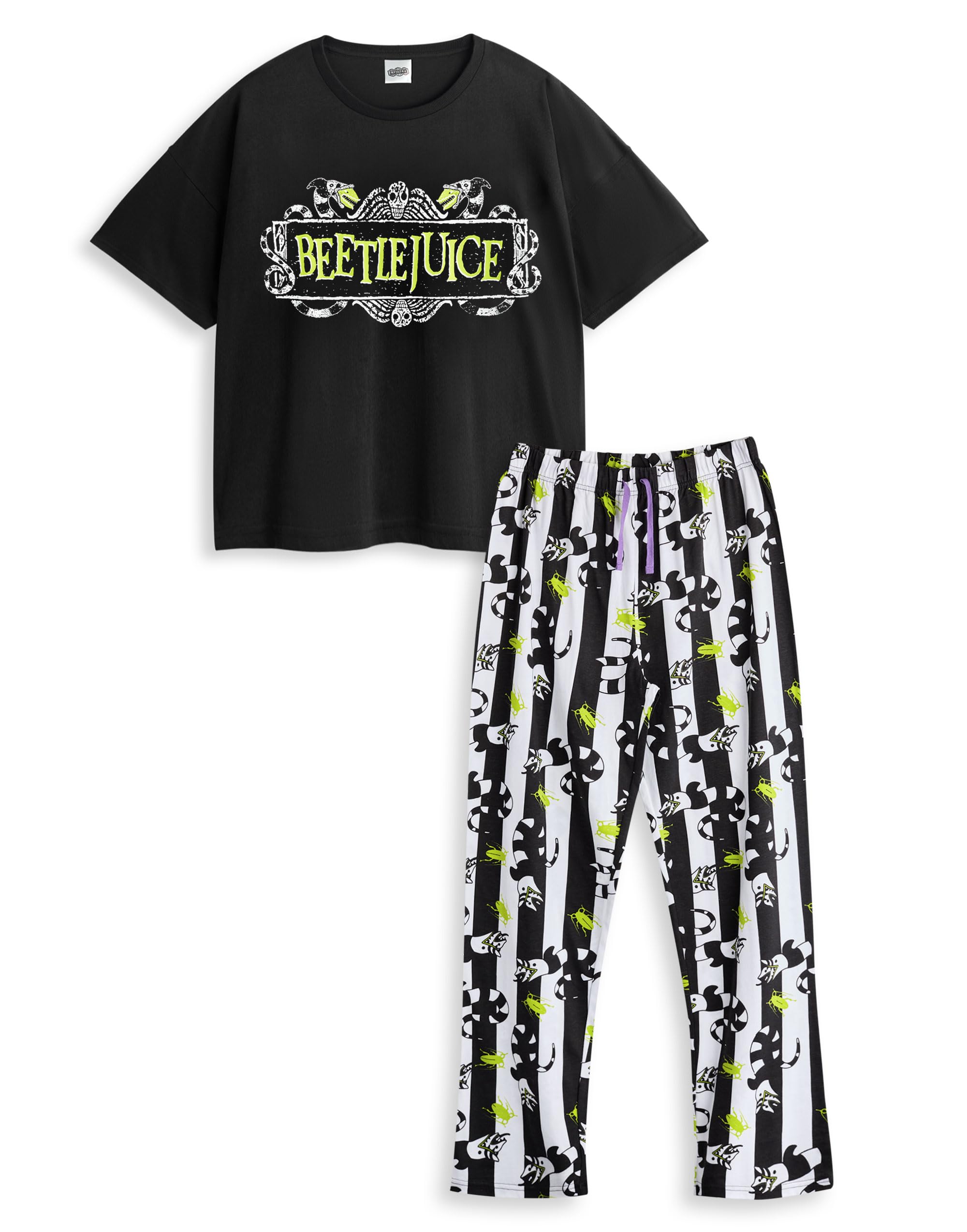Vanilla Underground Women's Beetlejuice Multicoloured Logo Short Sleeve Long Leg Pyjama Set - Small